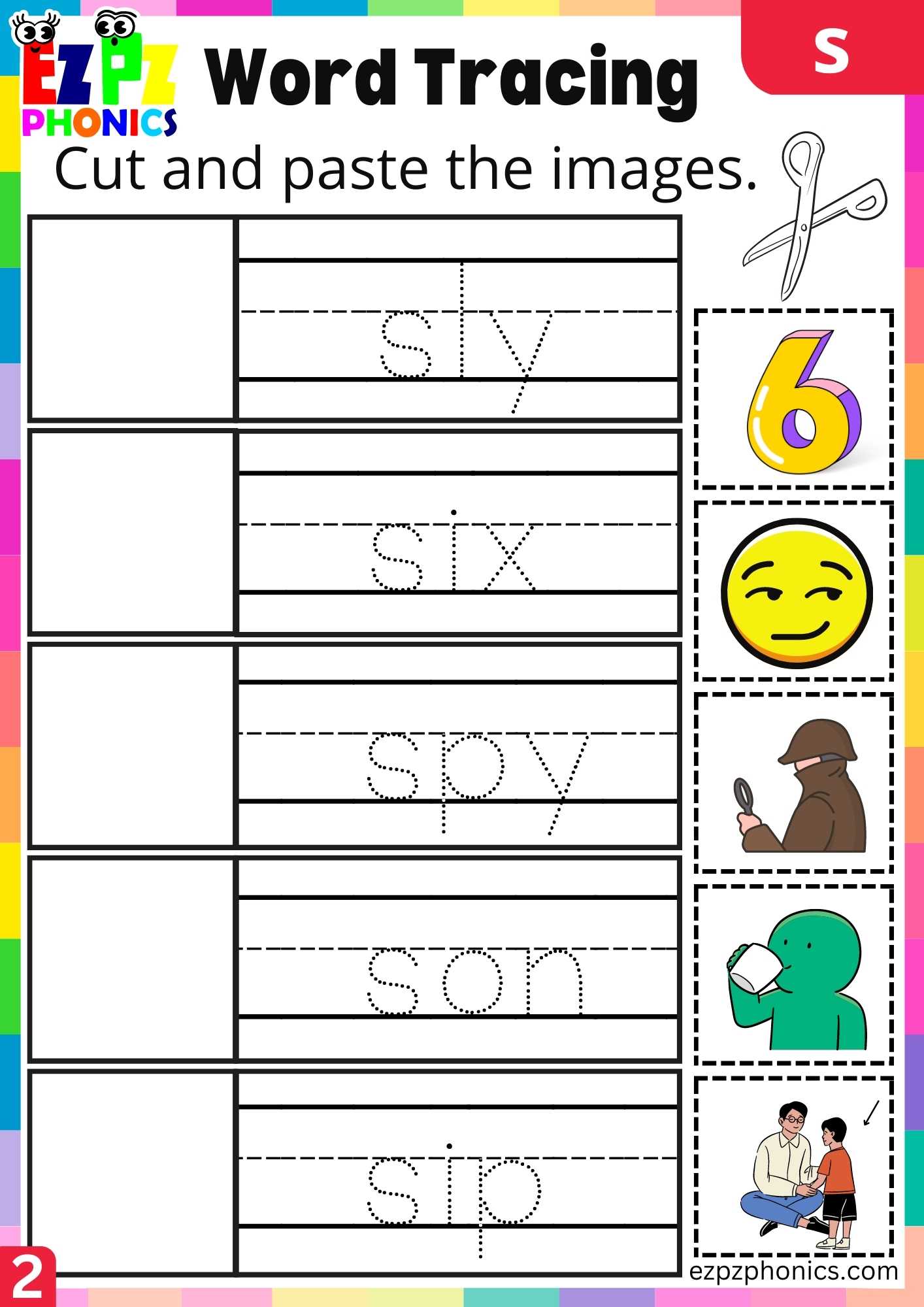 Group2 Letter S Word Tracing Beginning Sounds Worksheet - ezpzphonics.com