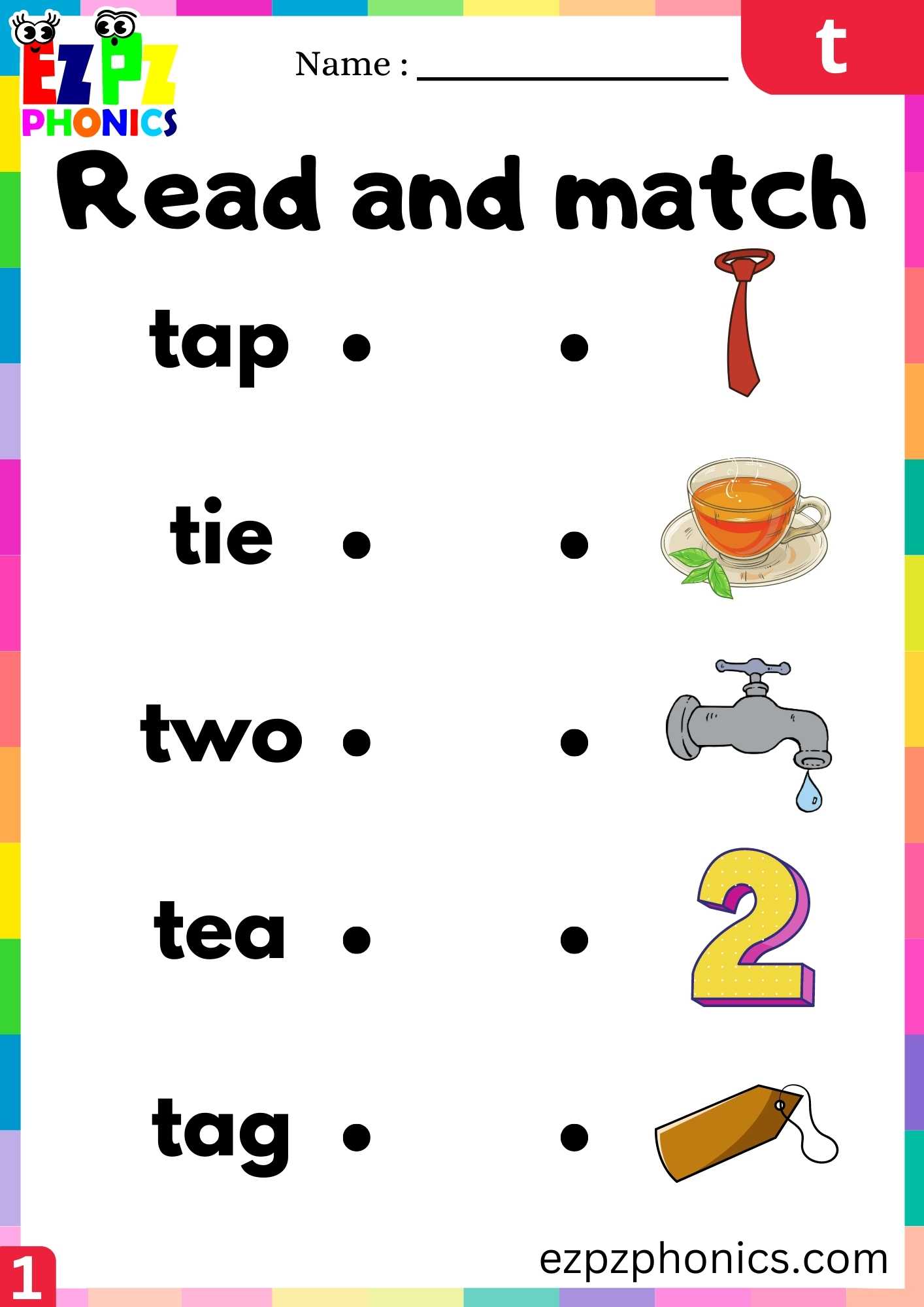 Letter T Read And Match Beginning Sounds Worksheet - ezpzphonics.com