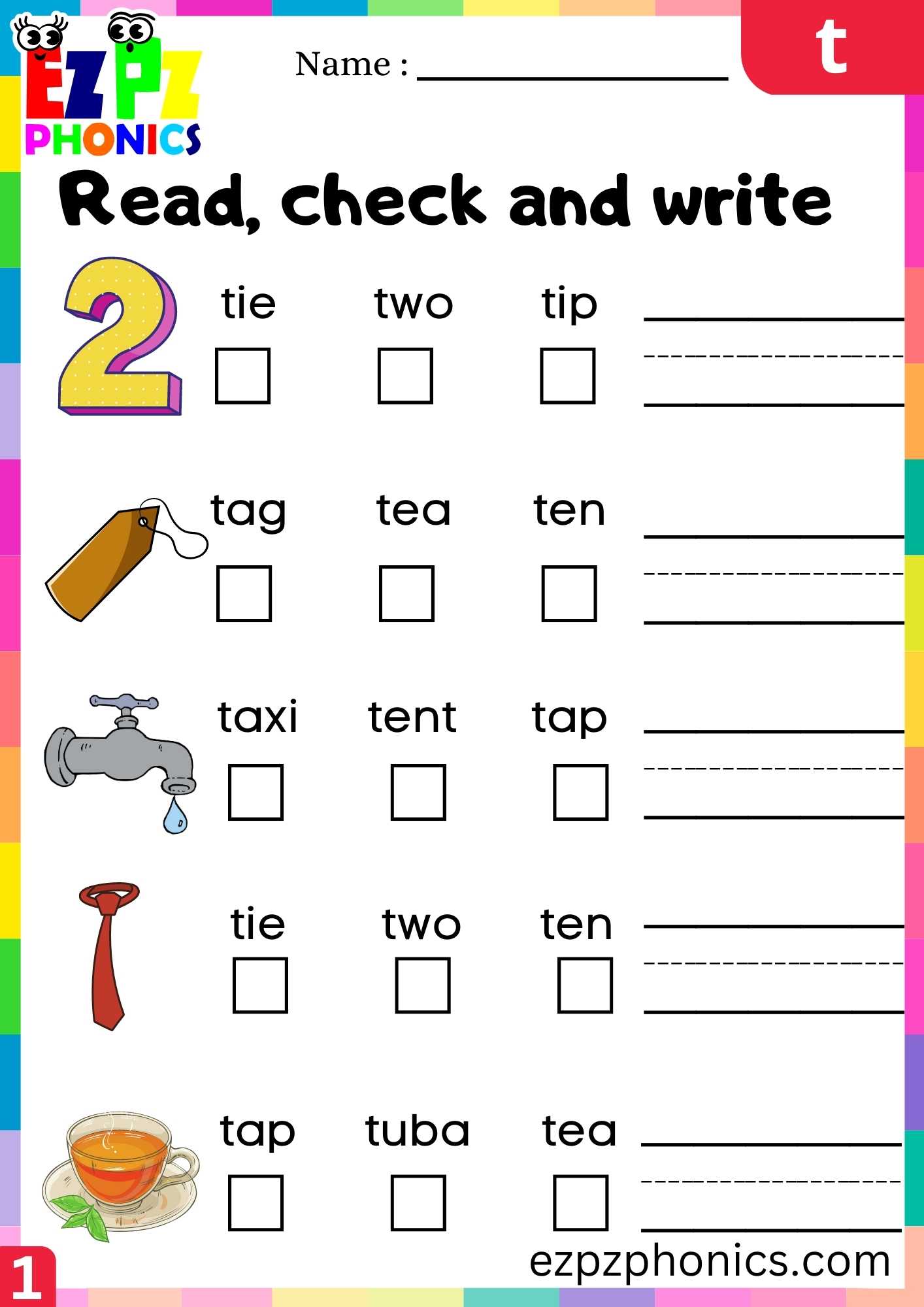 Letter T Read, Check And Write Beginning Sounds Worksheet - ezpzphonics.com