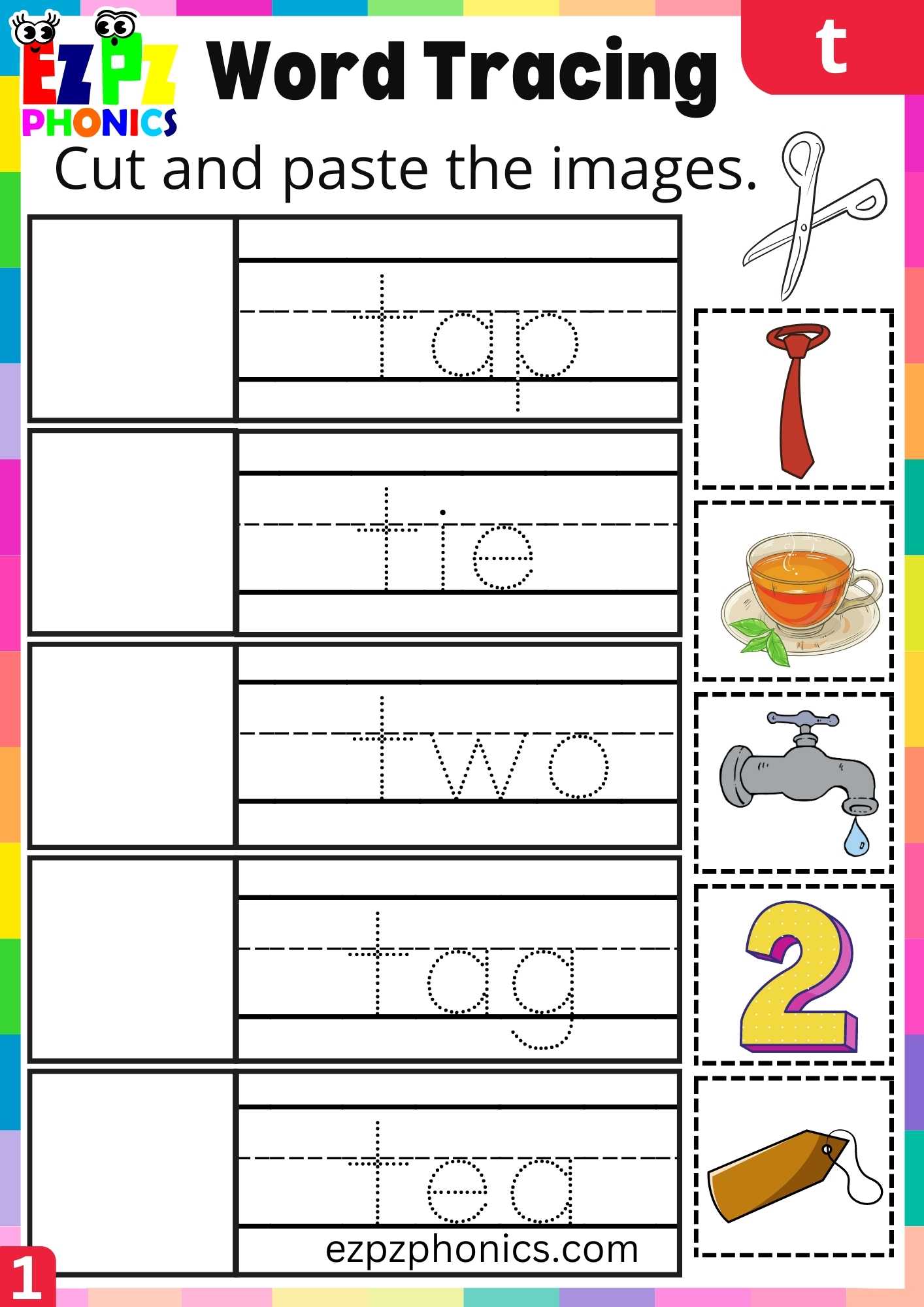 Letter T Word Tracing Beginning Sounds Worksheet - ezpzphonics.com