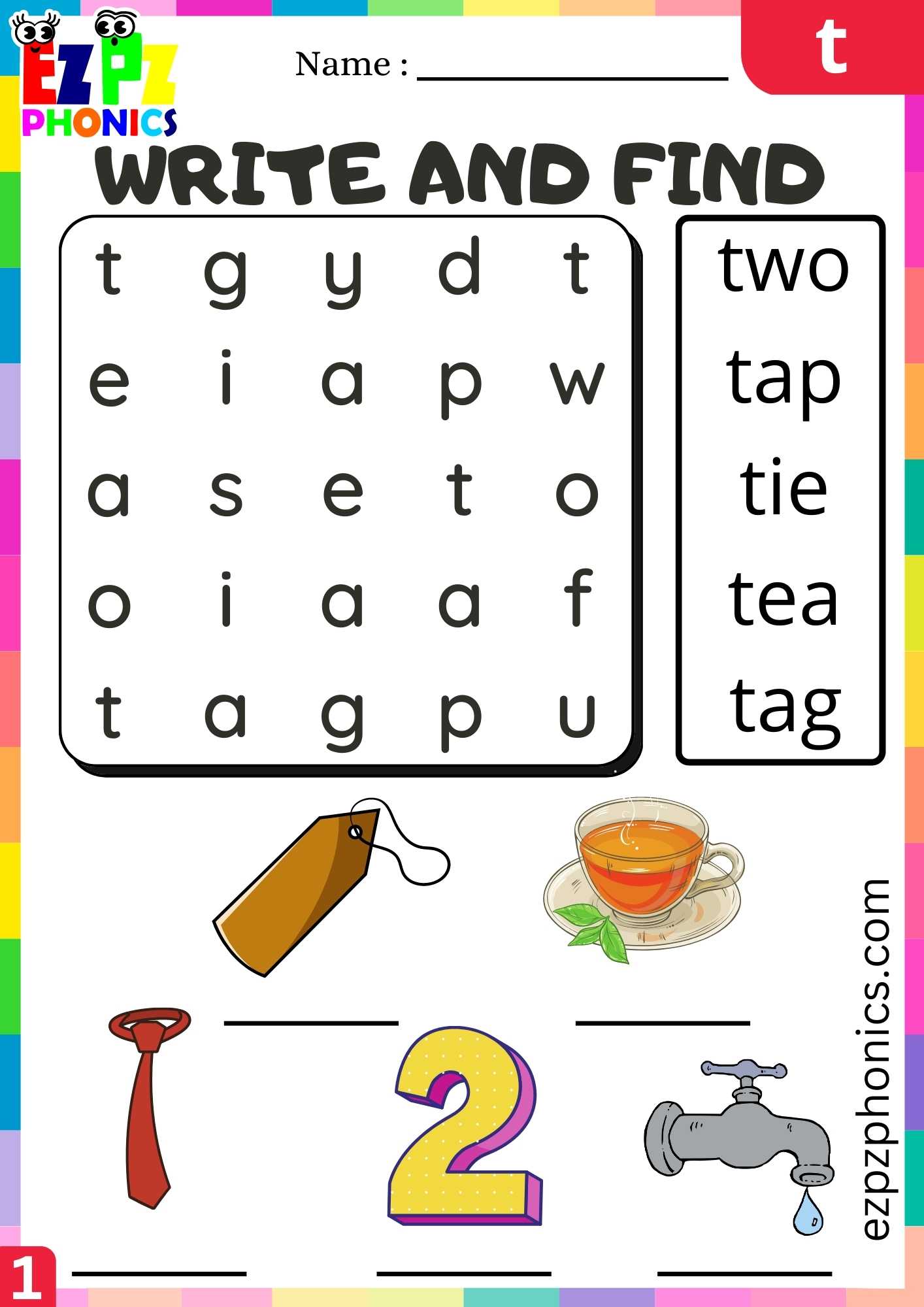 Letter T Write And Find Beginning Sounds Worksheet - ezpzphonics.com