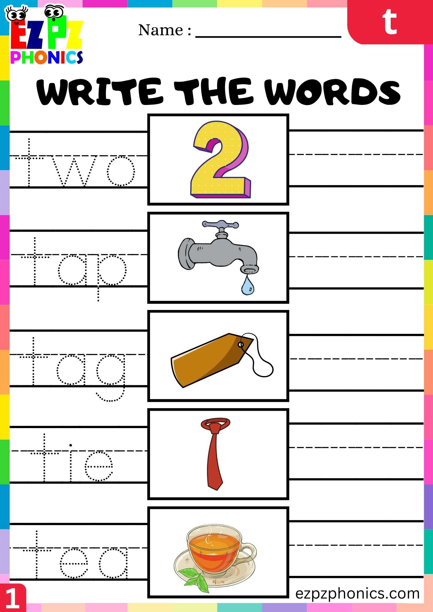 Letter T Write The Words Beginning Sounds Worksheet - ezpzphonics.com