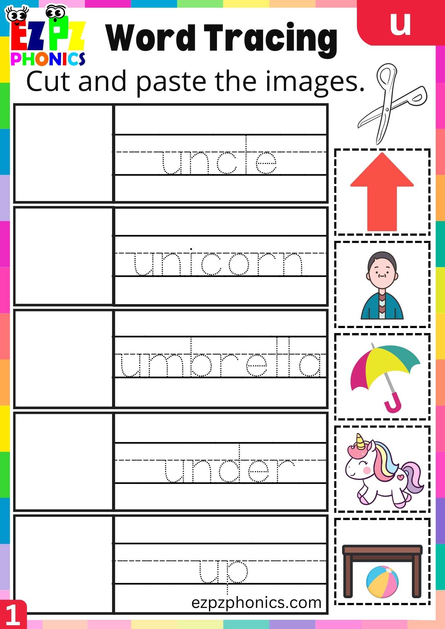 Letter U Word Tracing Beginning Sounds Worksheet - ezpzphonics.com