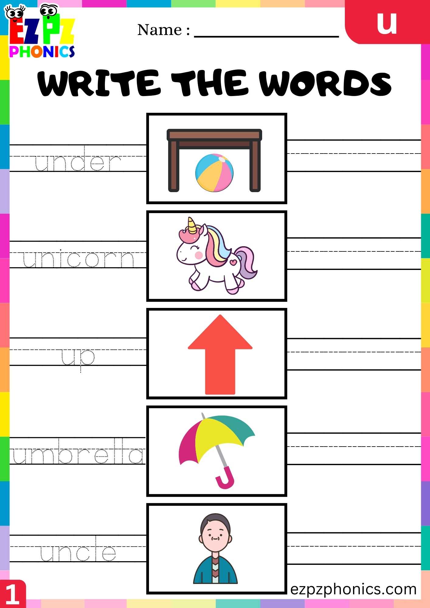 Letter U Write The Words Beginning Sounds Worksheet - ezpzphonics.com