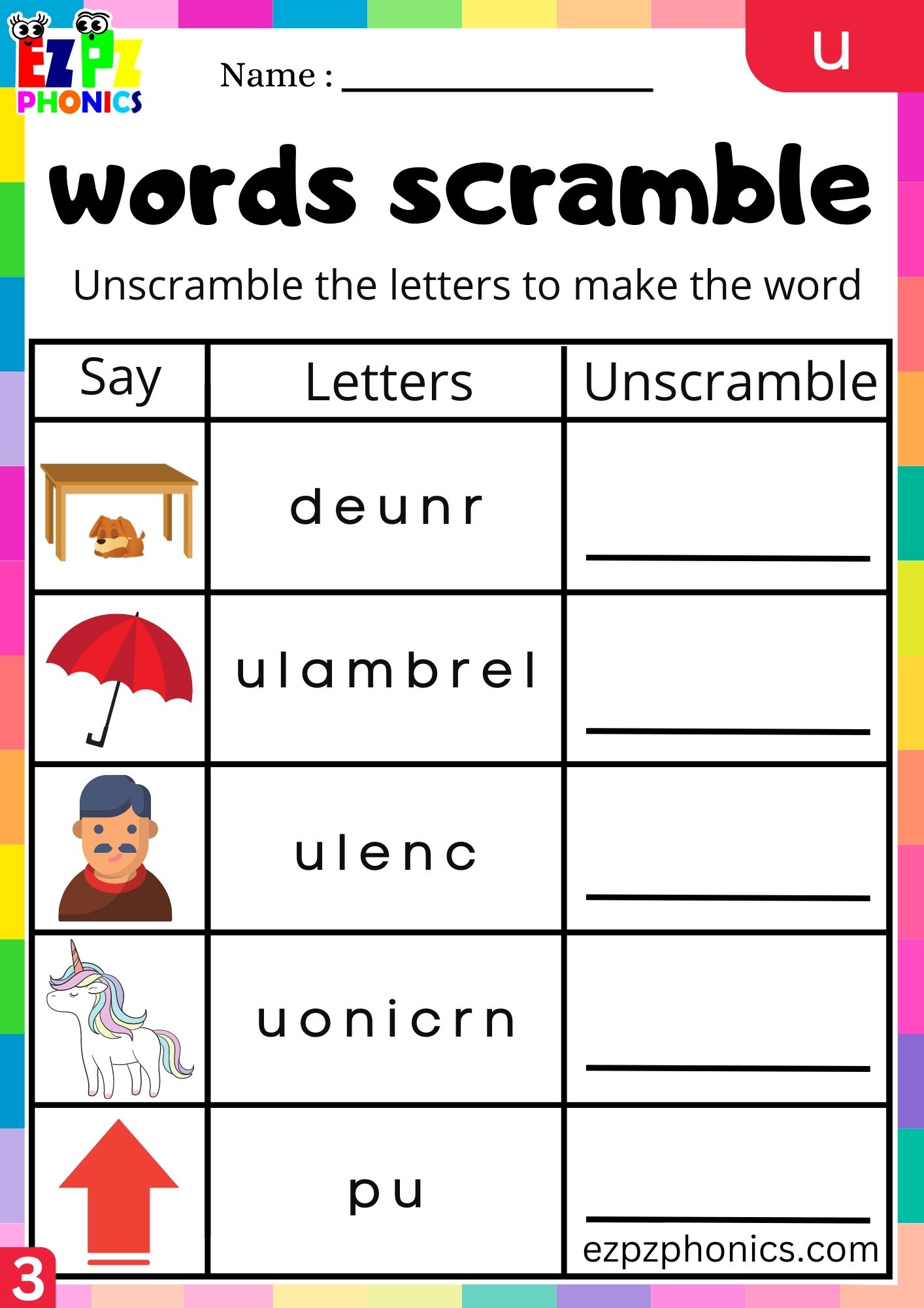 Letter u Word Scramble Write the Words Phonics Activity Group 3 ...