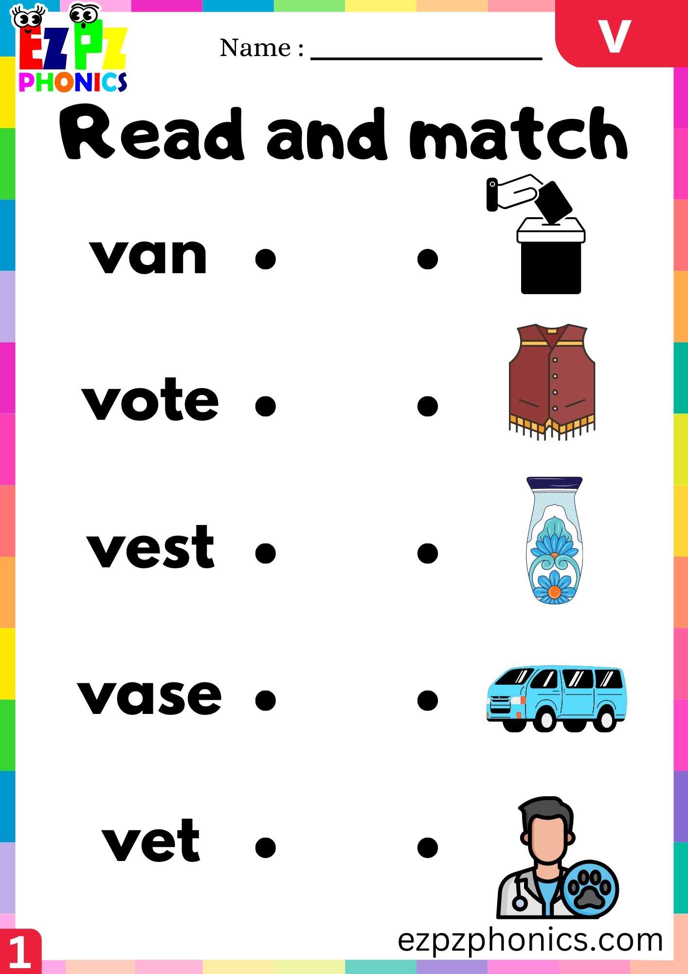 Letter V Read And Match Beginning Sounds Worksheet - ezpzphonics.com