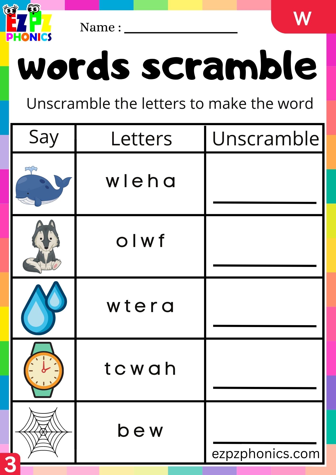 Letter w Word Scramble Write the Words Phonics Activity Group 3 ...