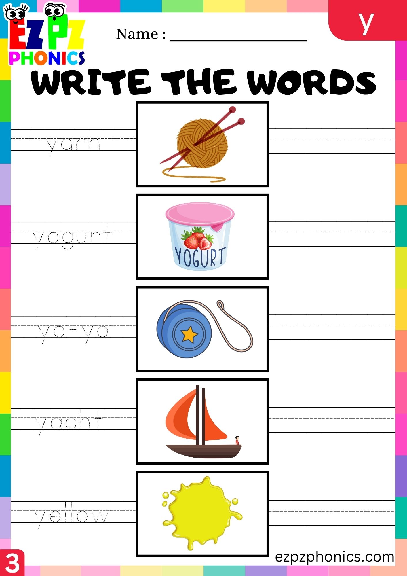 Letter y Write the Words Phonics Activity Group 3 - ezpzphonics.com