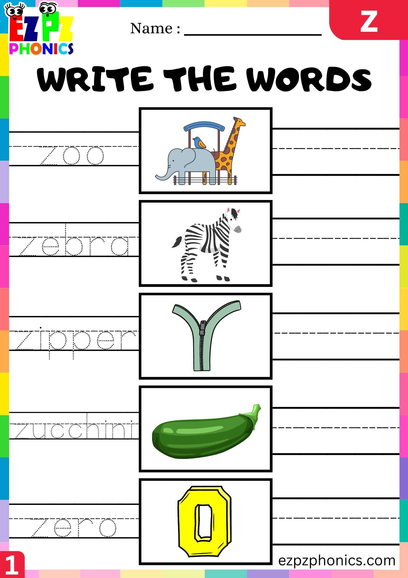 Letter Z Write The Words Beginning Sounds Worksheet - ezpzphonics.com