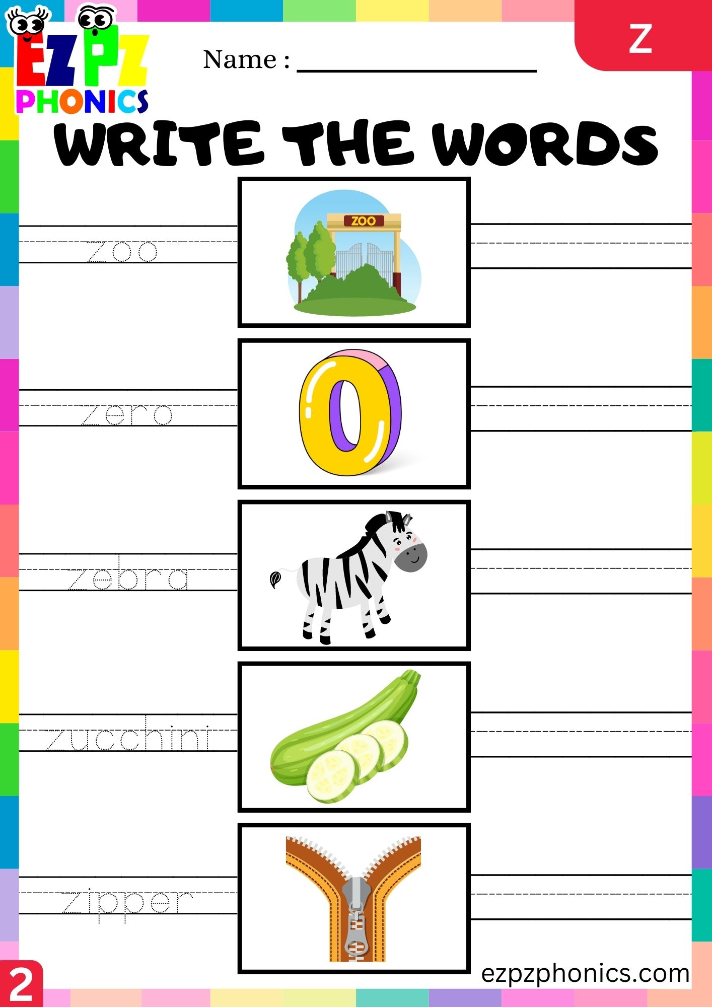 Letter z Write the Words Phonics Activity Group 2 - ezpzphonics.com