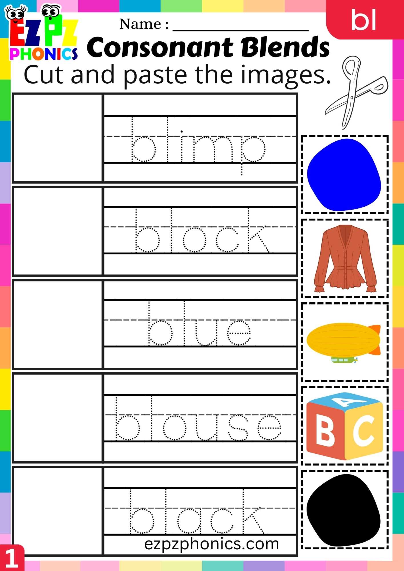 Group1 BL Words Cut And Paste The Images Phonics Consonant Blends ...