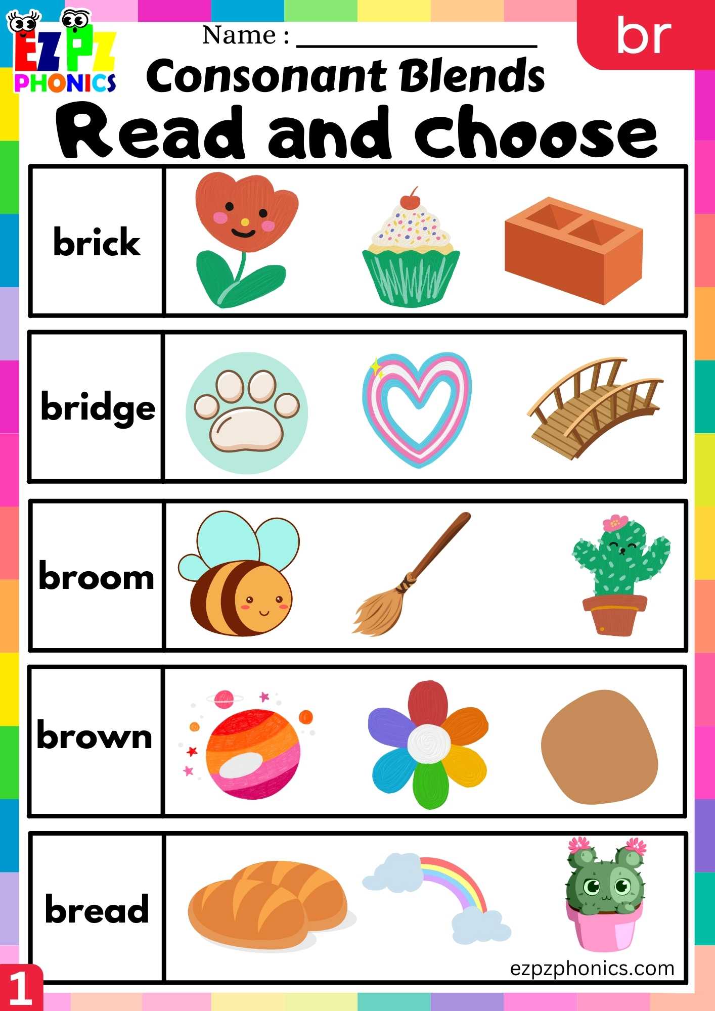 Group1 BR Words Read And Choose Phonics Consonant Blends Worksheet ...