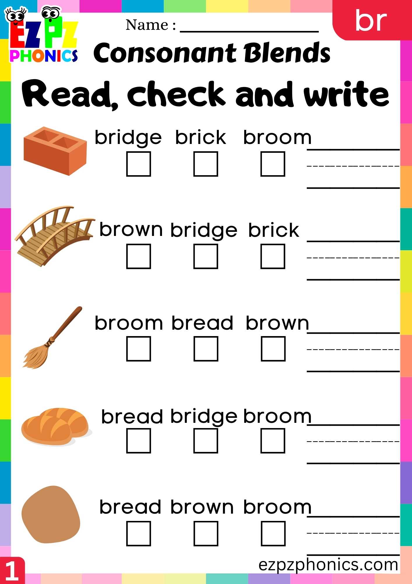 Group1 BR Words Read, Check And Write Phonics Consonant Blends ...