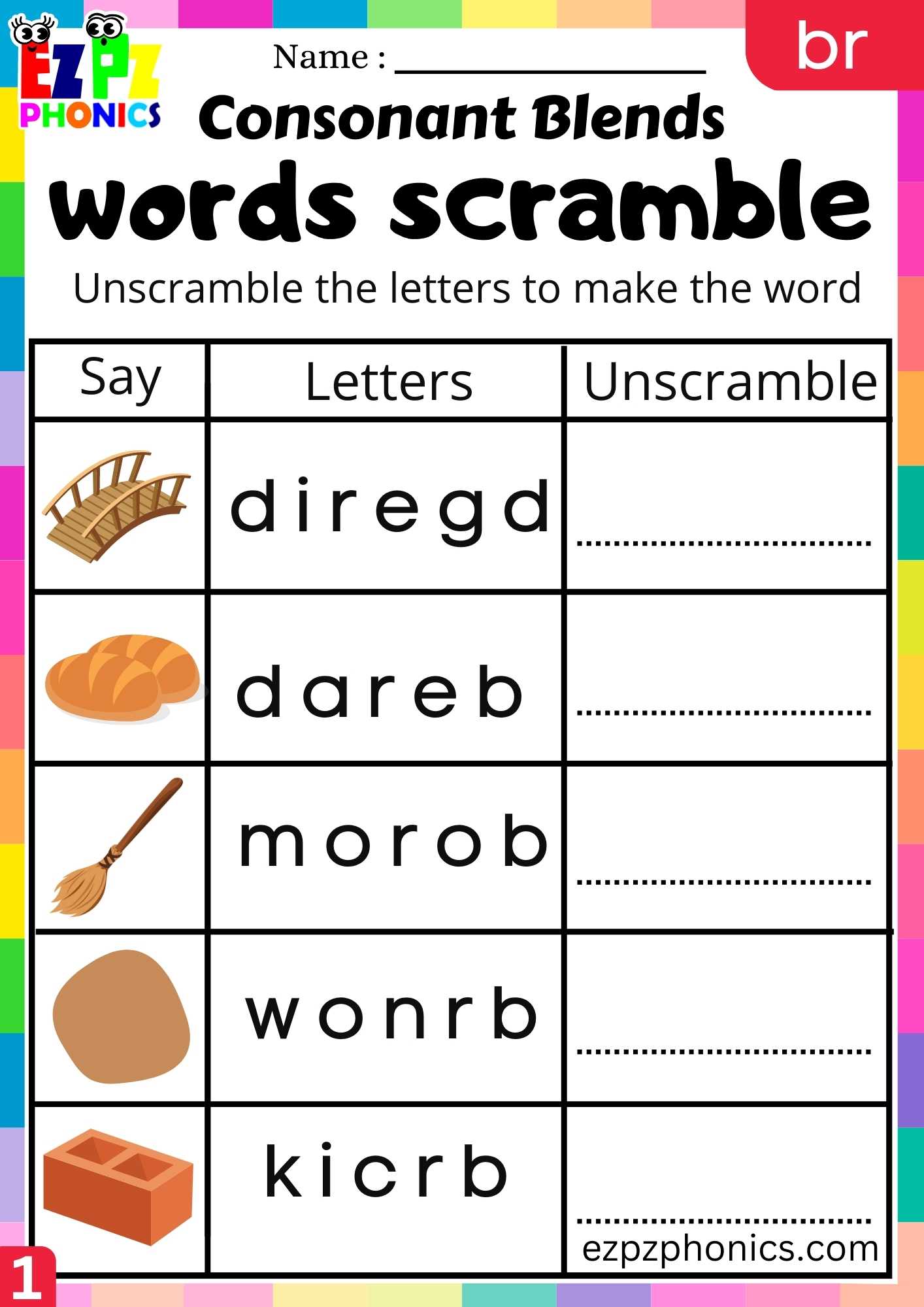 Group1 BR Words Words Scramble Phonics Consonant Blends Worksheet ...