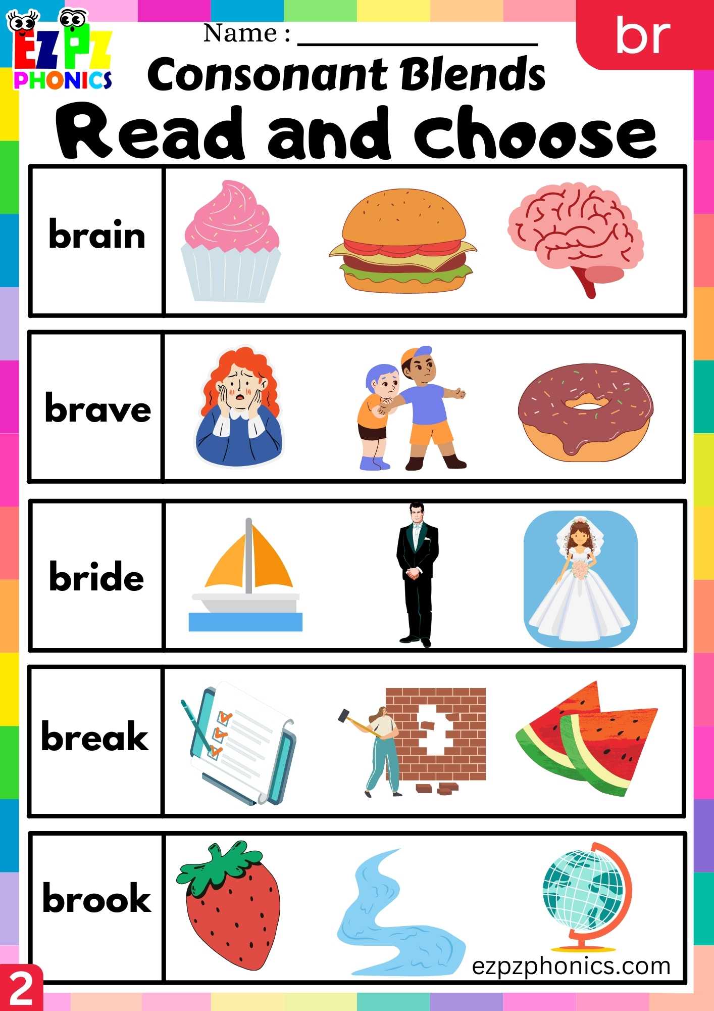 Group2 BR Words Read And Choose Phonics Consonant Blends Worksheet ...