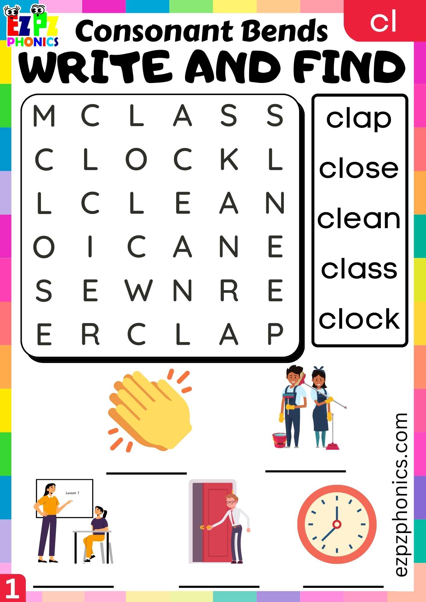 Group1 CL Words Write And Find Phonics Consonant Blends Worksheet ...