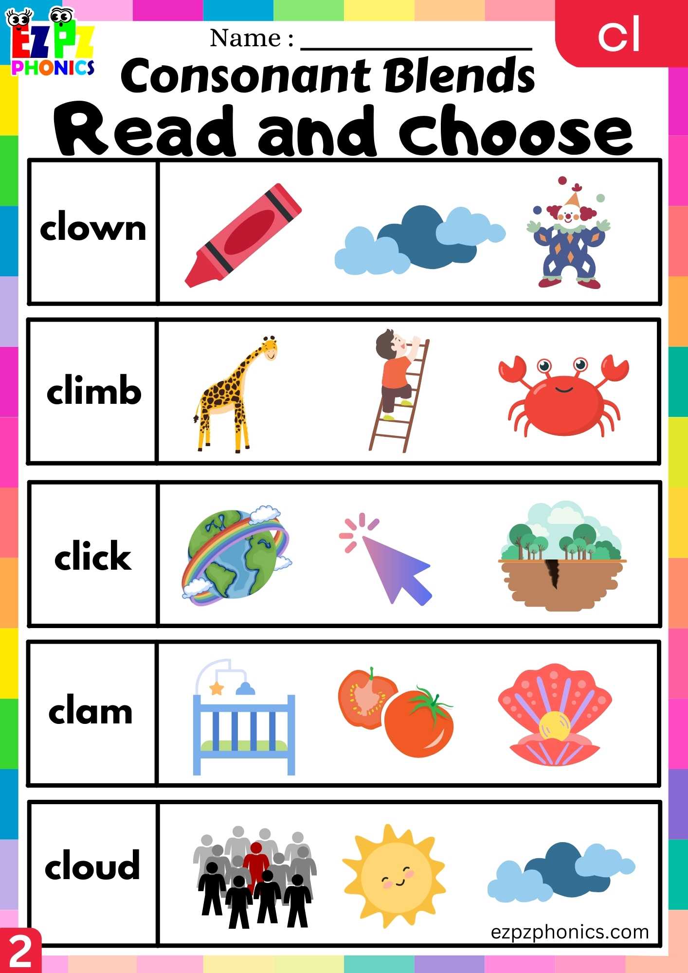 Group2 CL Words Read And Choose Phonics Consonant Blends Worksheet ...