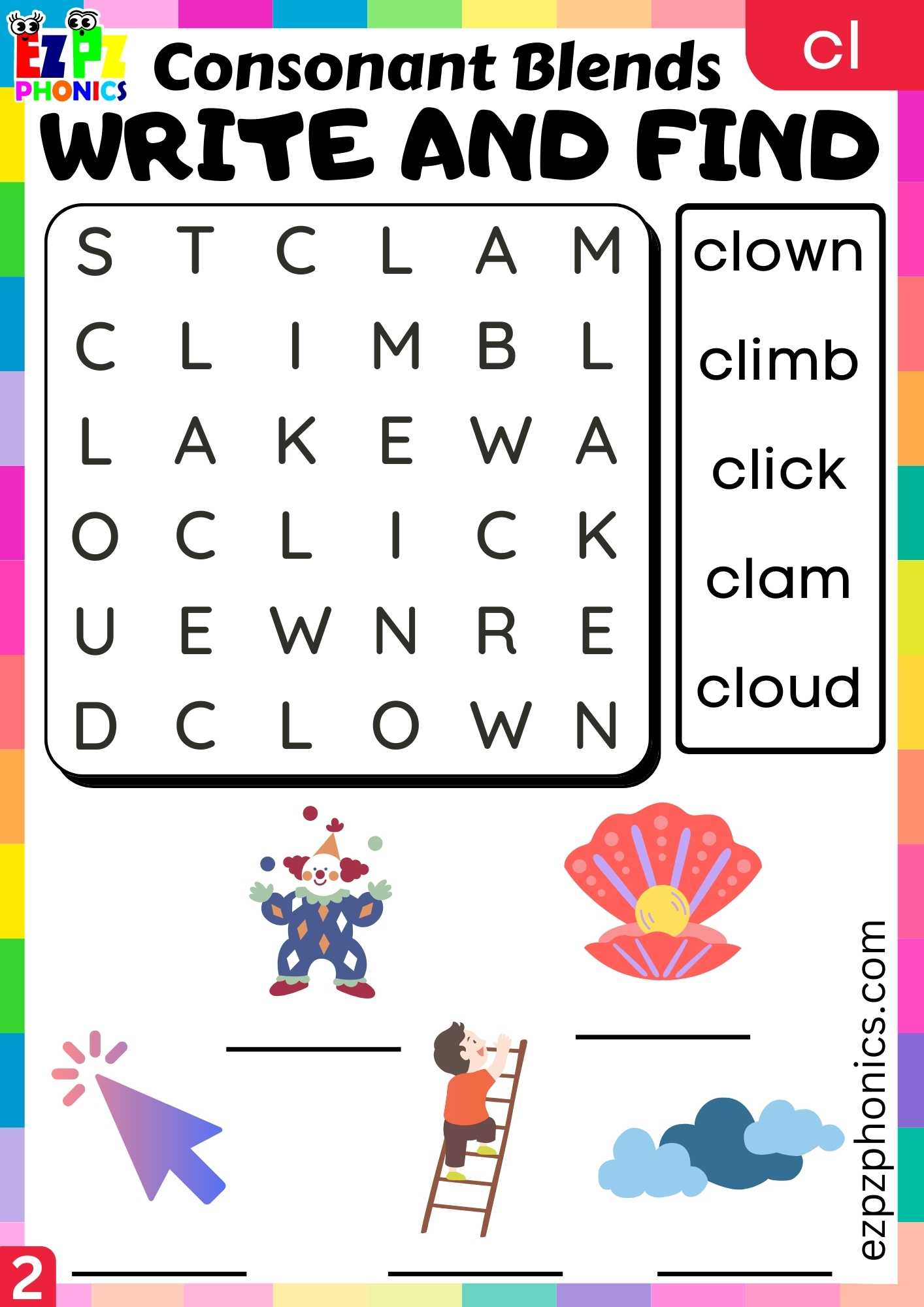 Group2 CL Words Write And Find Phonics Consonant Blends Worksheet ...