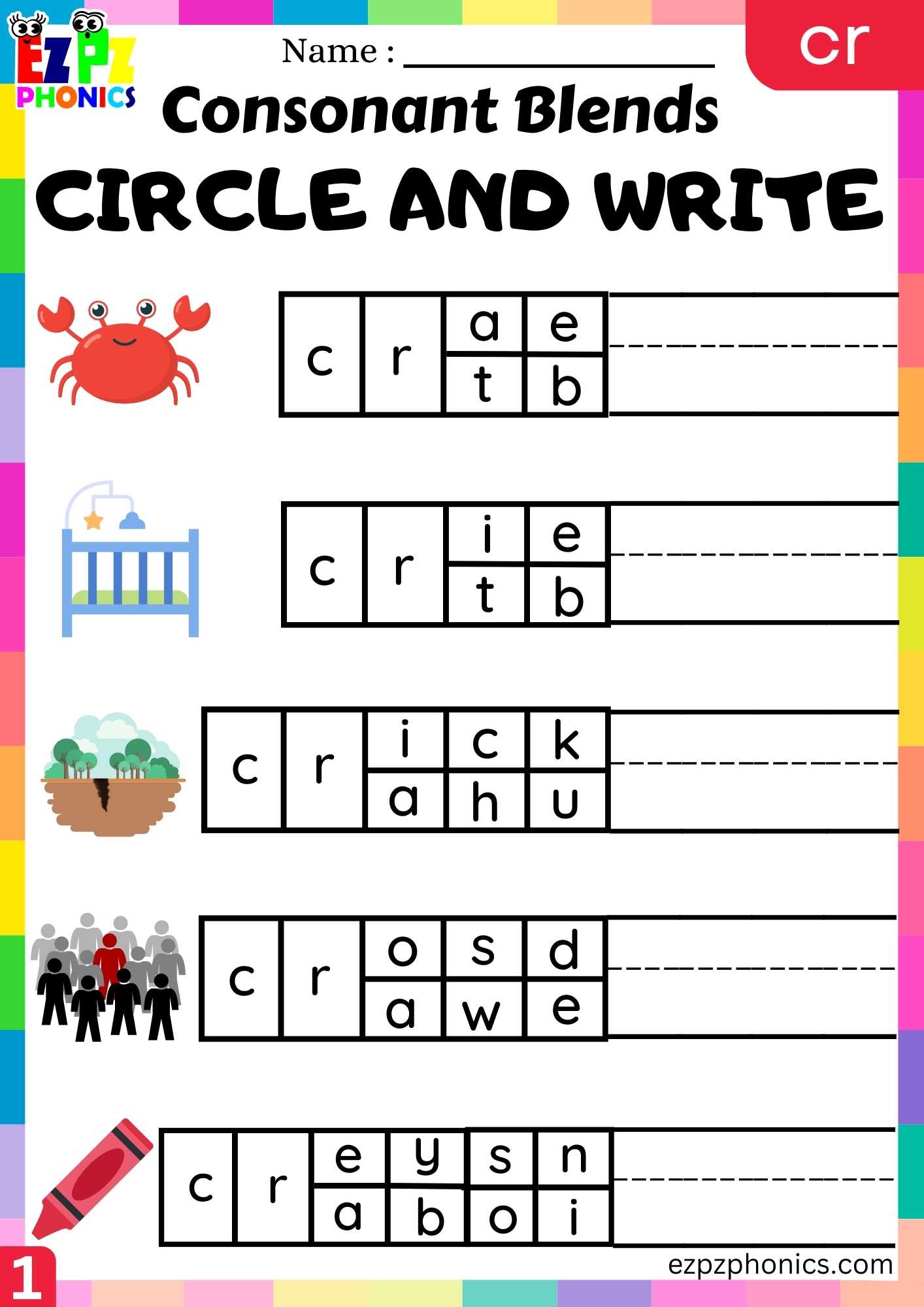 Group1 CR Words Circle And Write Phonics Consonant Blends Worksheet ...