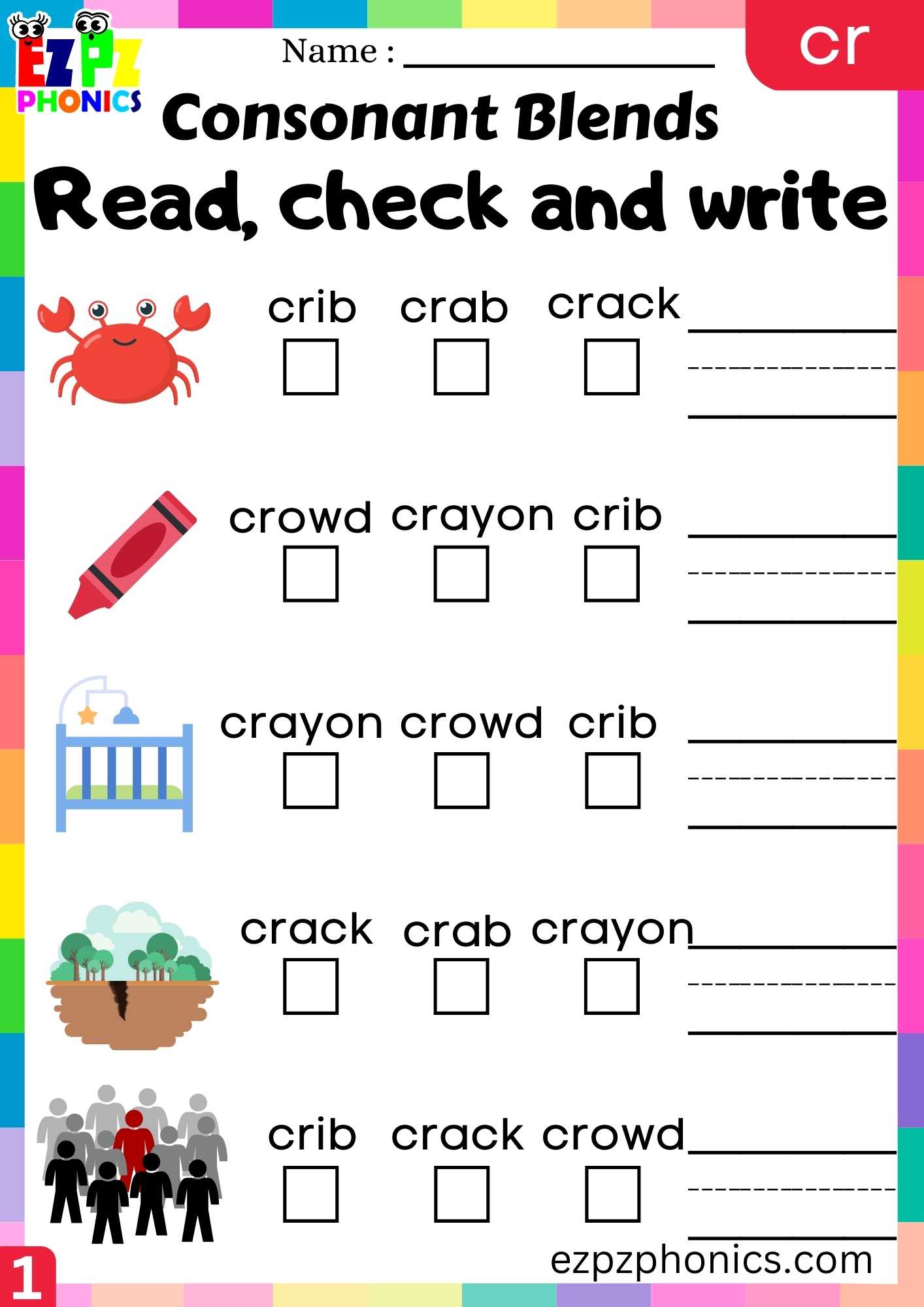 Group1 CR Words Read, Check And Write Phonics Consonant Blends ...