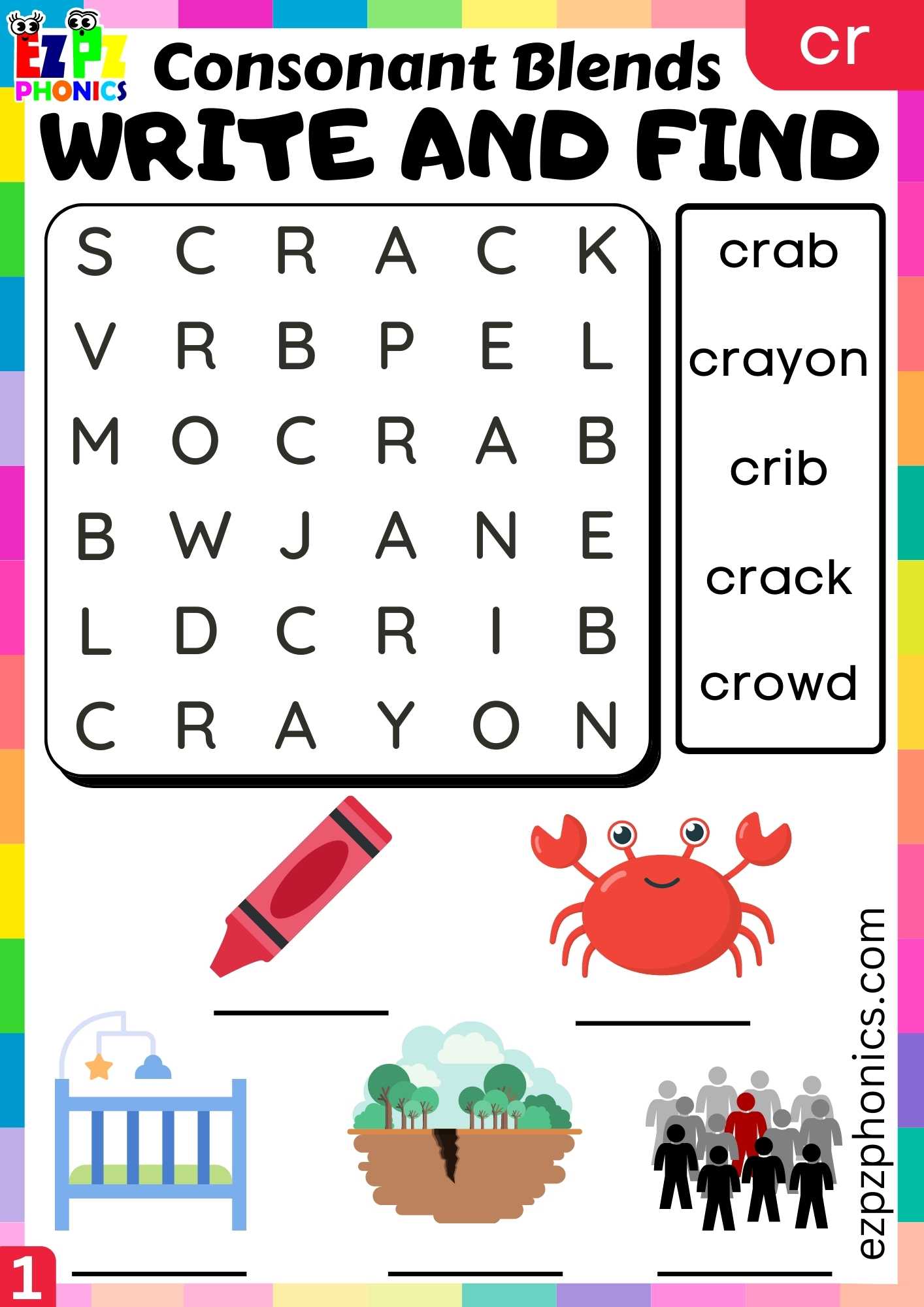 Group1 CR Words Write And Find Phonics Consonant Blends Worksheet ...