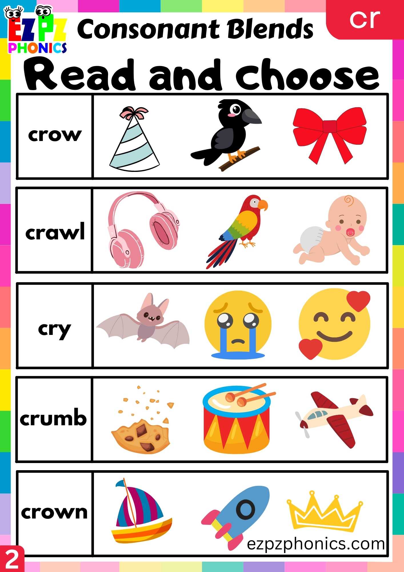 Group2 CR Words Read And Choose Phonics Consonant Blends Worksheet ...