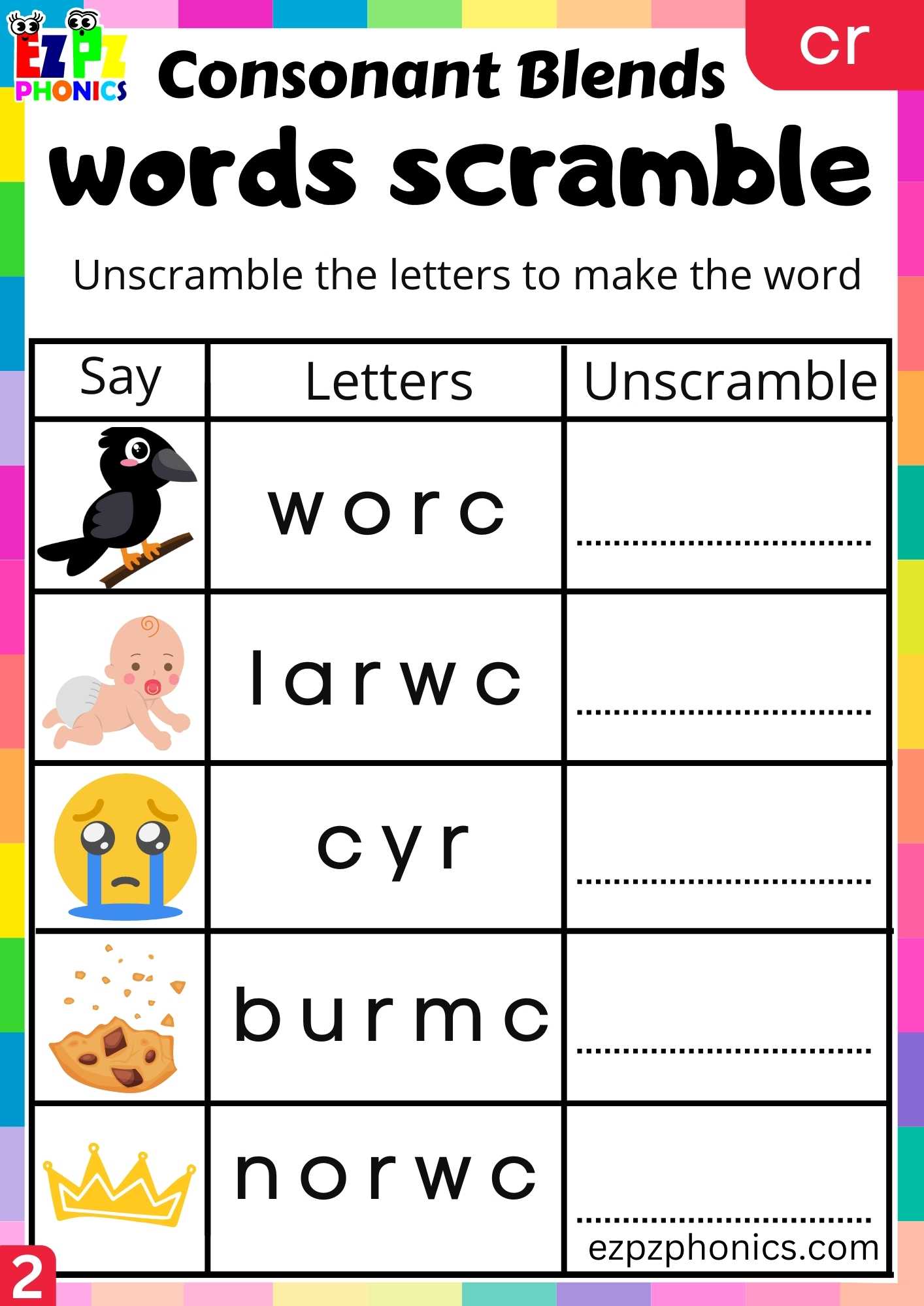 Group2 CR Words Words Scramble Phonics Consonant Blends Worksheet ...