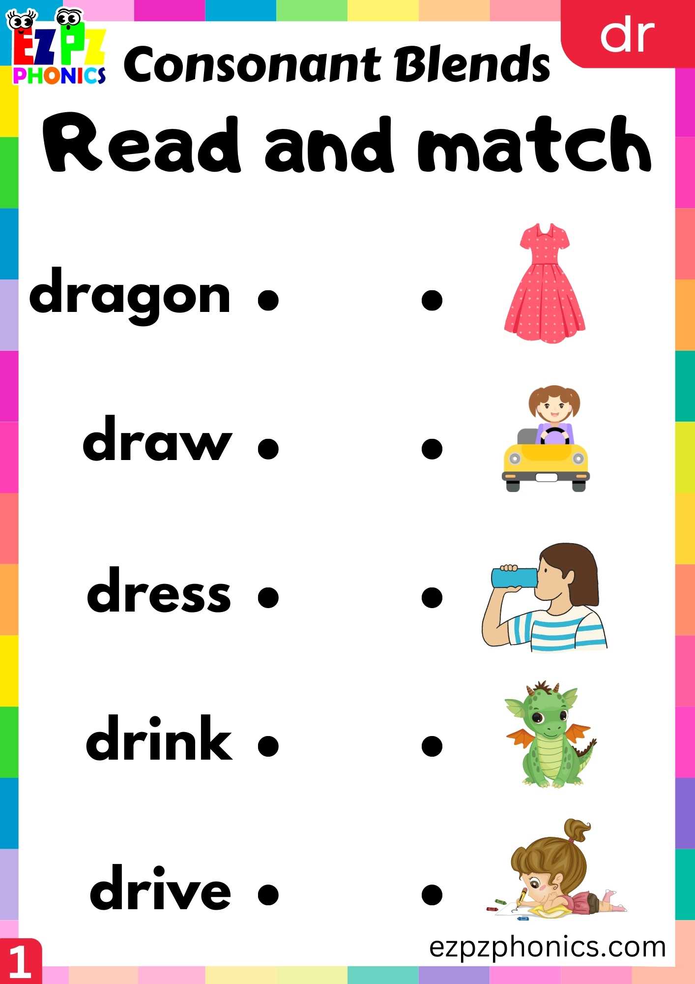 Group1 DR Words Read And Match Phonics Consonant Blends Worksheet ...