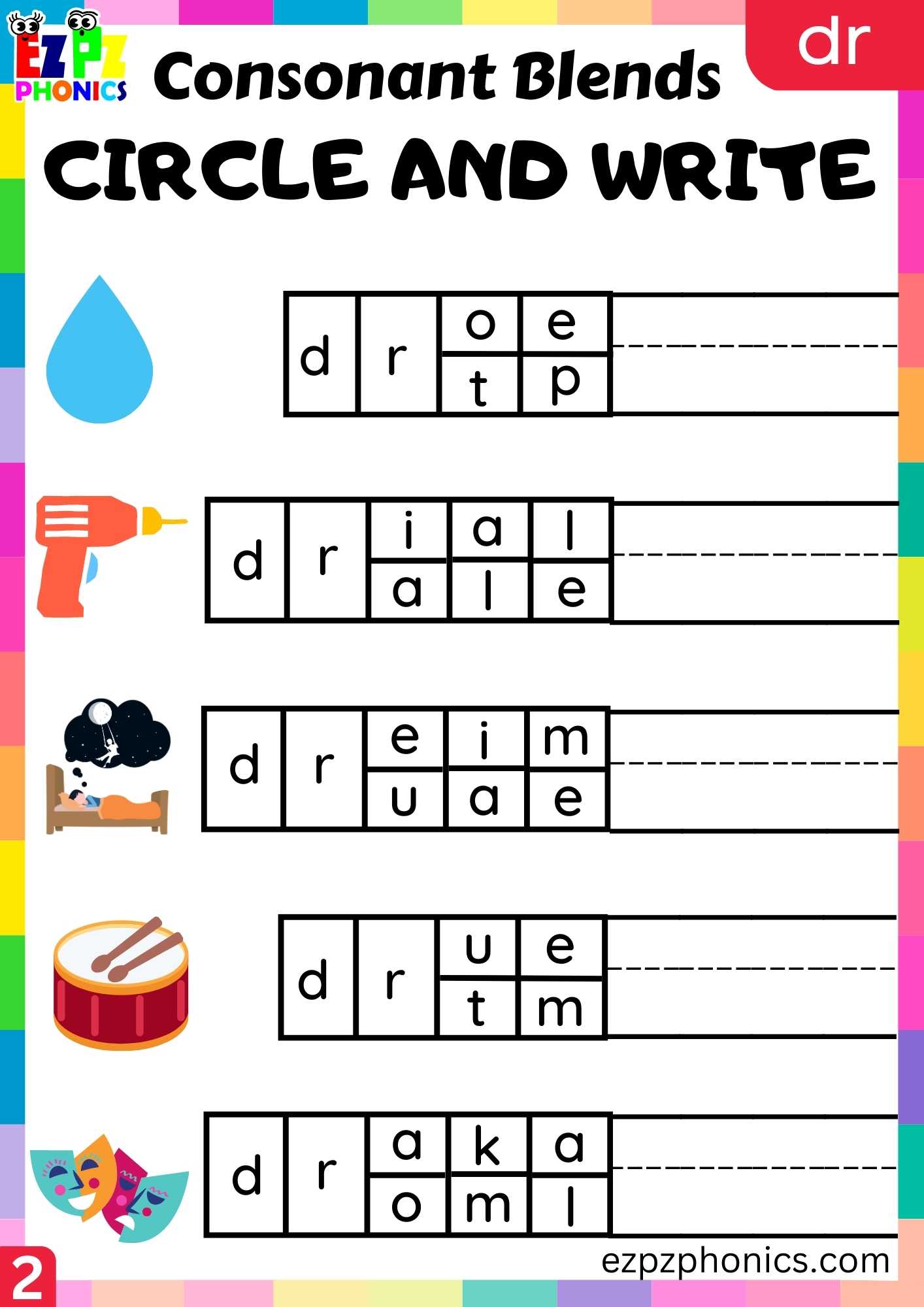 Group2 DR Words Circle And Write Phonics Consonant Blends Worksheet ...