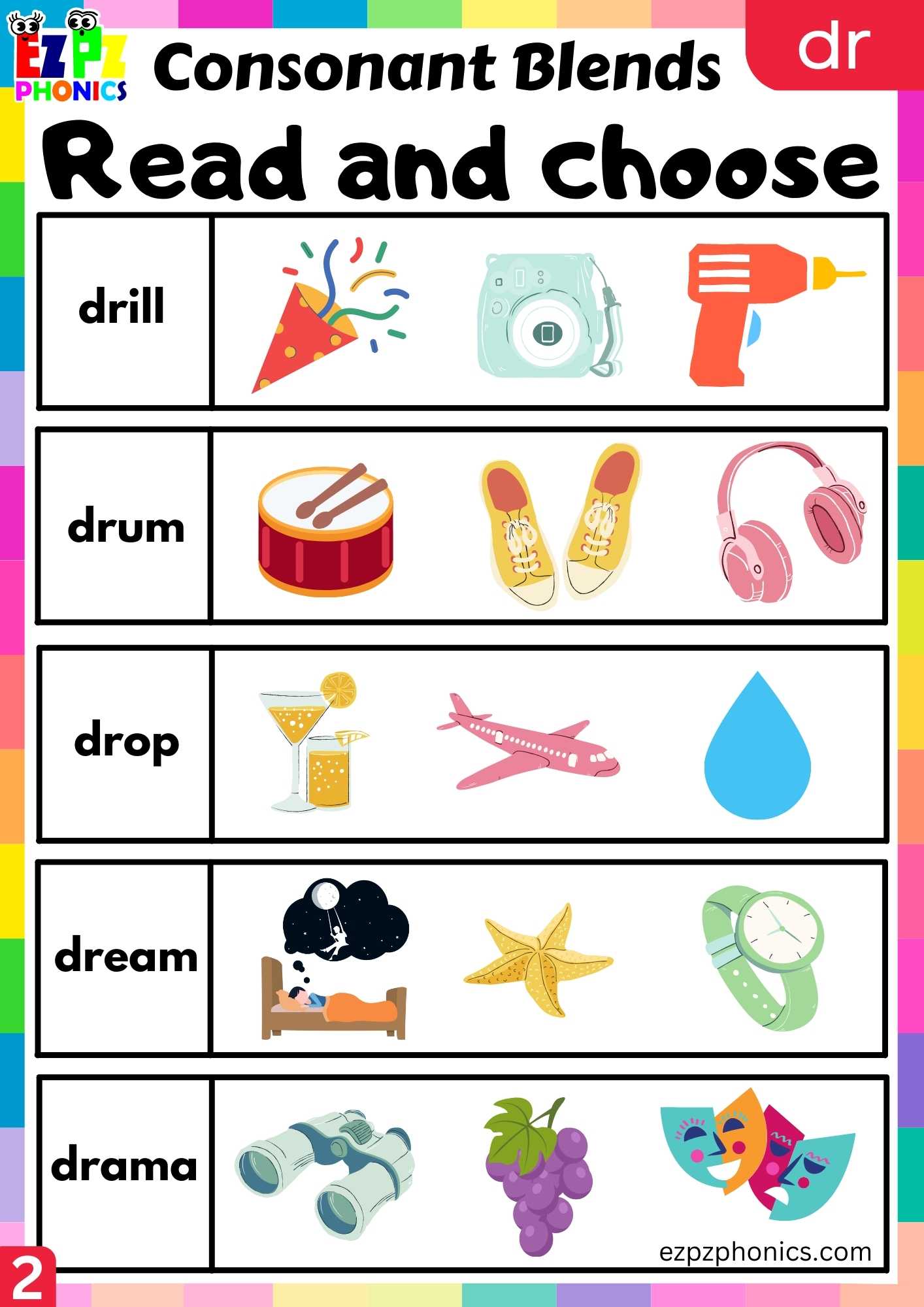 Group2 DR Words Read And Choose Phonics Consonant Blends Worksheet ...