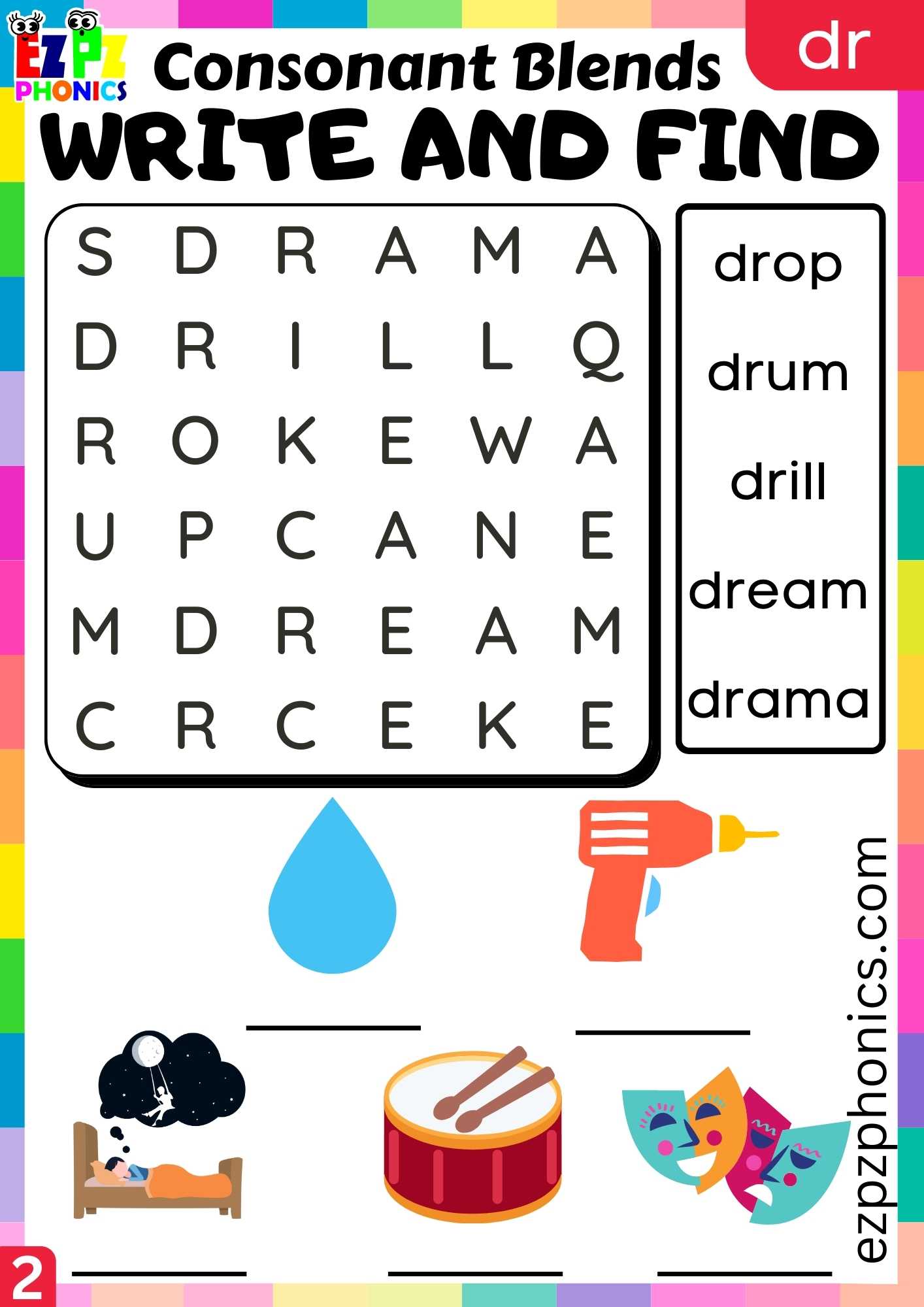 Group2 DR Words Write And Find Phonics Consonant Blends Worksheet ...