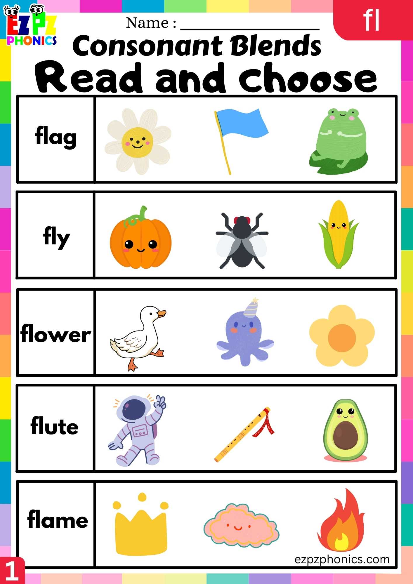 Group1 Fl Words Read And Choose Phonics Consonant Blends Worksheet 