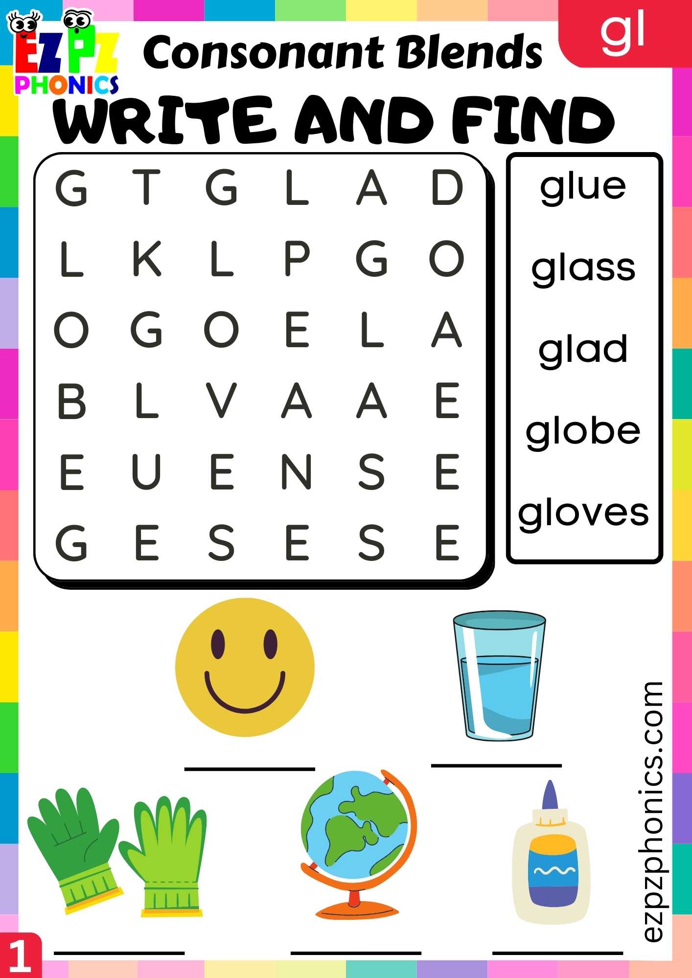 Group1 GL Words Write And Find Phonics Consonant Blends Worksheet ...