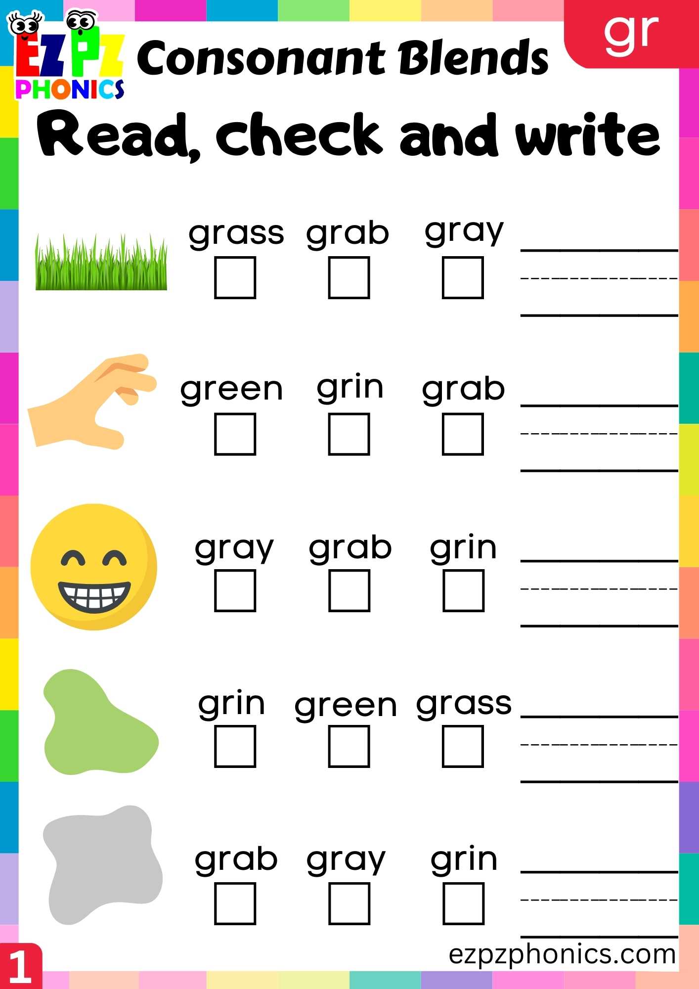 Group1 GR Words Read, Check And Write Phonics Consonant Blends ...