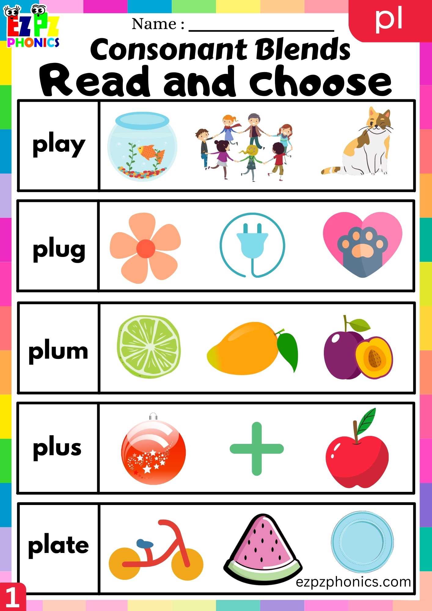 Group1 PL Words Read And Choose Phonics Consonant Blends Worksheet ...