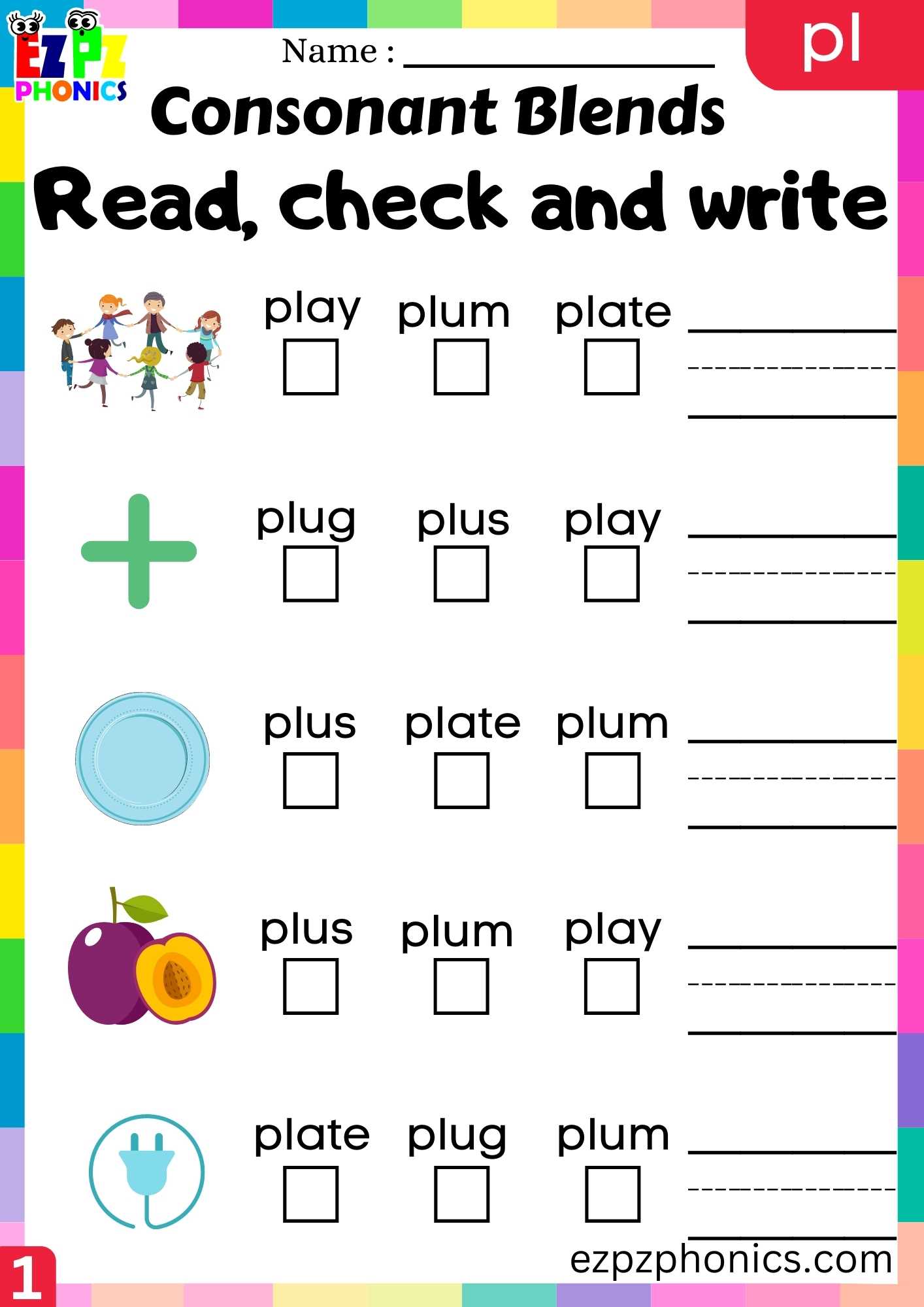 Group1 PL Words Read, Check And Write Phonics Consonant Blends ...