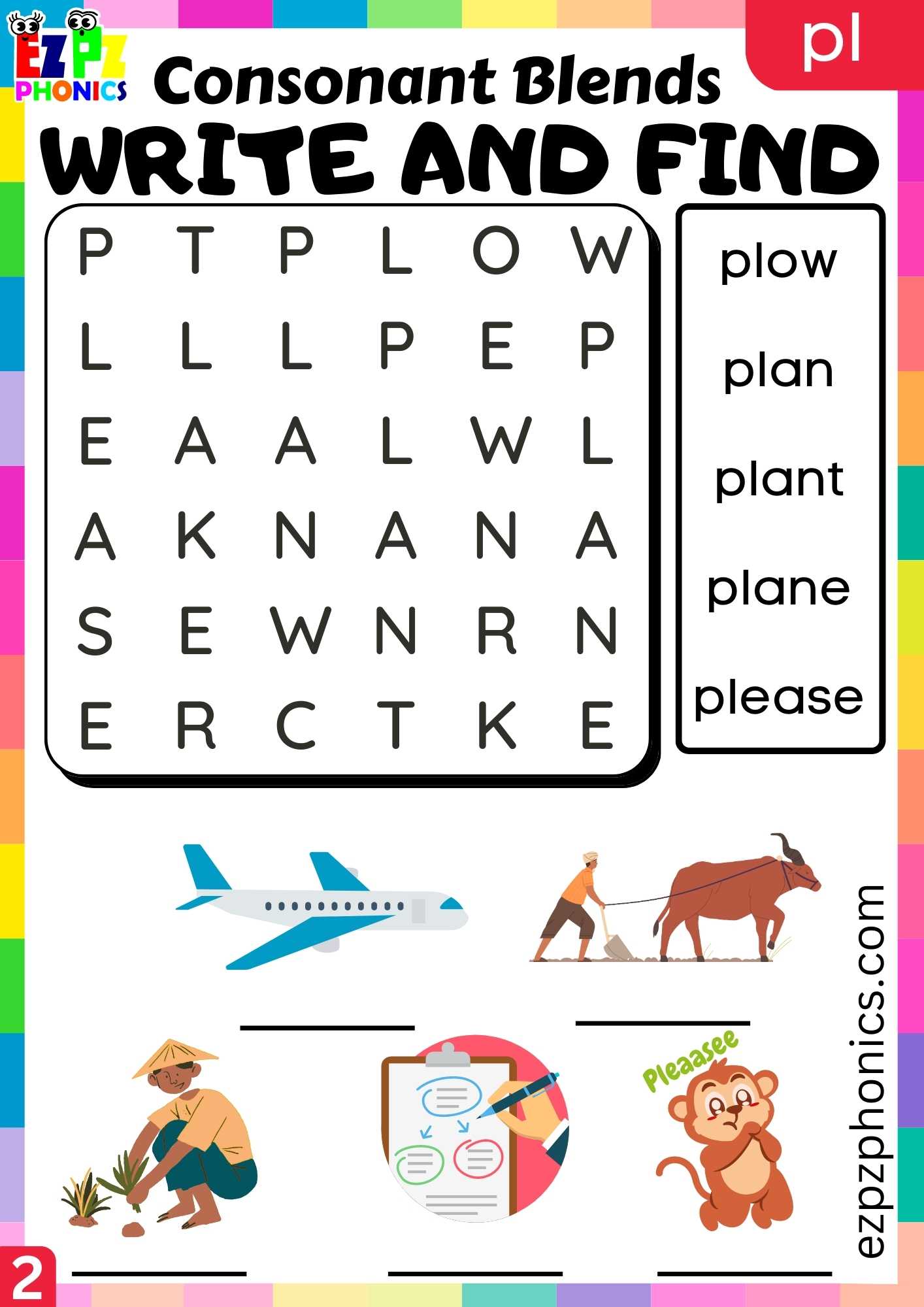 Group2 PL Words Write And Find Phonics Consonant Blends Worksheet ...