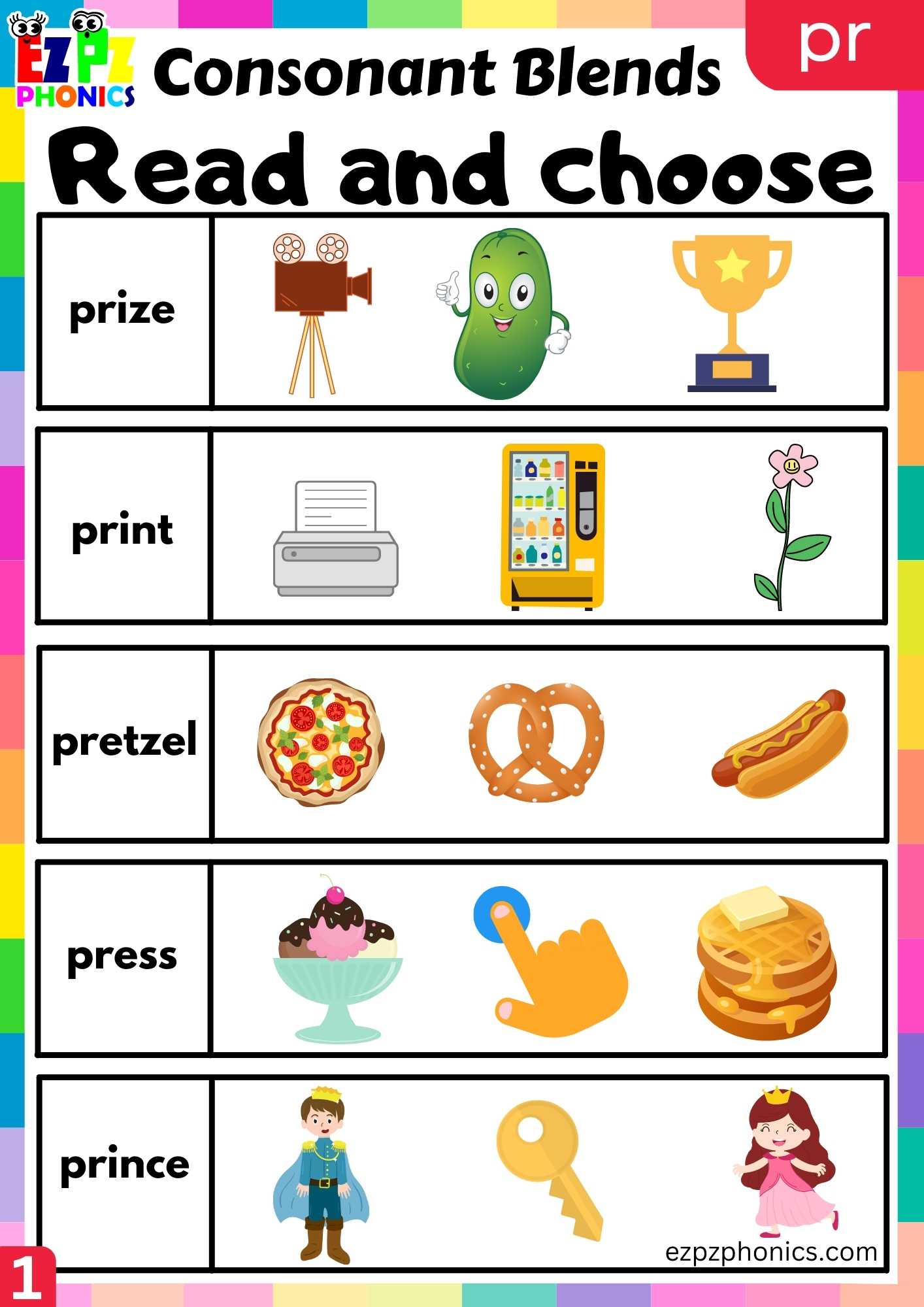 Group1 PR Words Read And Choose Phonics Consonant Blends Worksheet ...