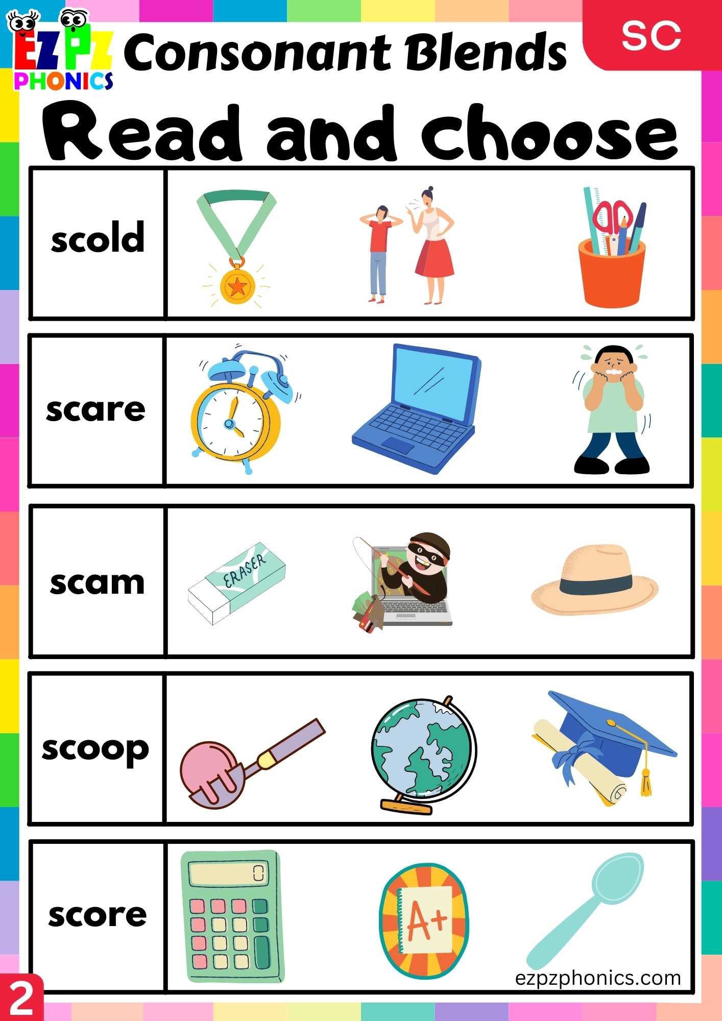 Group2 SC Words Read And Choose Phonics Consonant Blends Worksheet ...