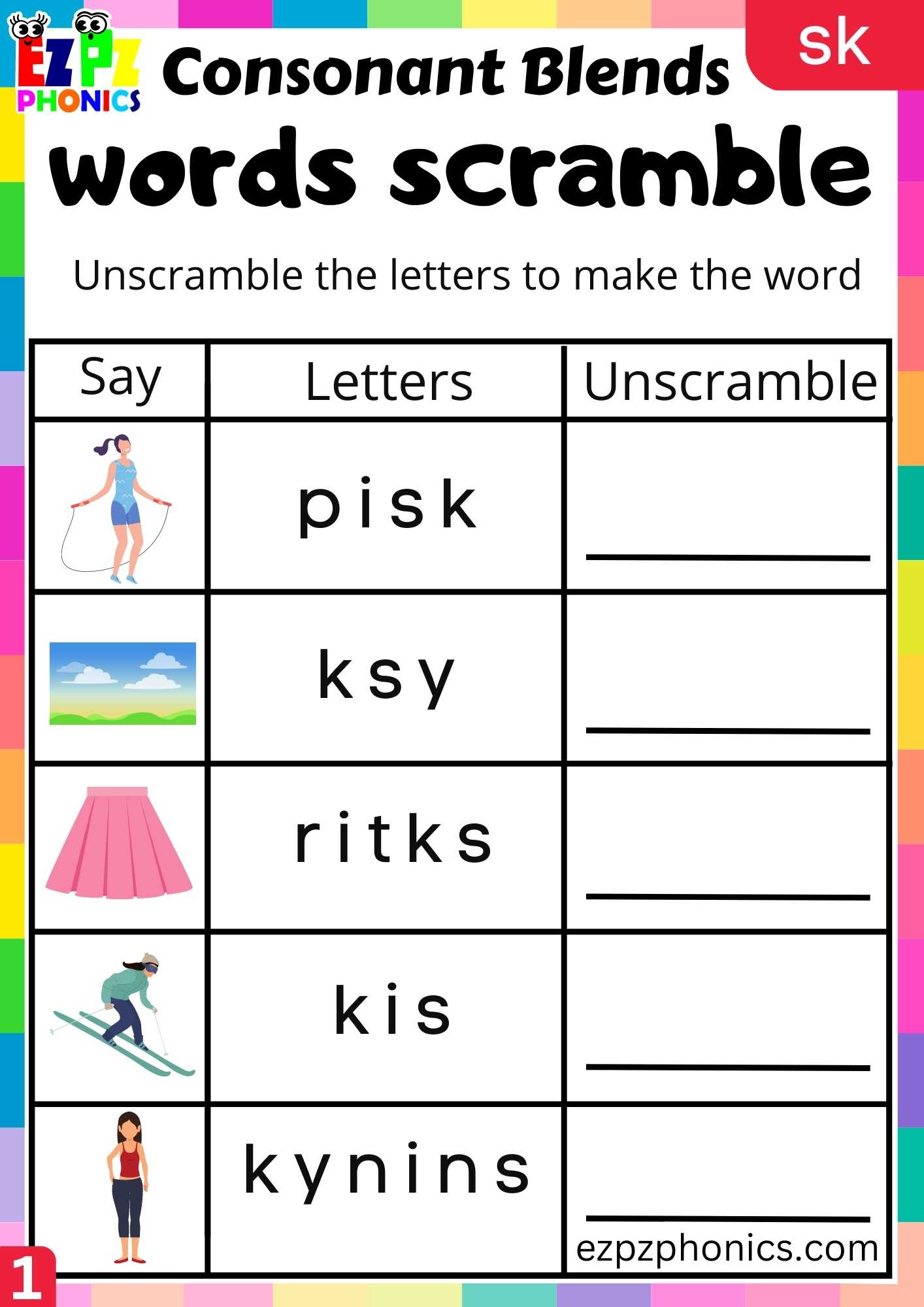 Group1 SK Words Words Scramble Phonics Consonant Blends Worksheet ...