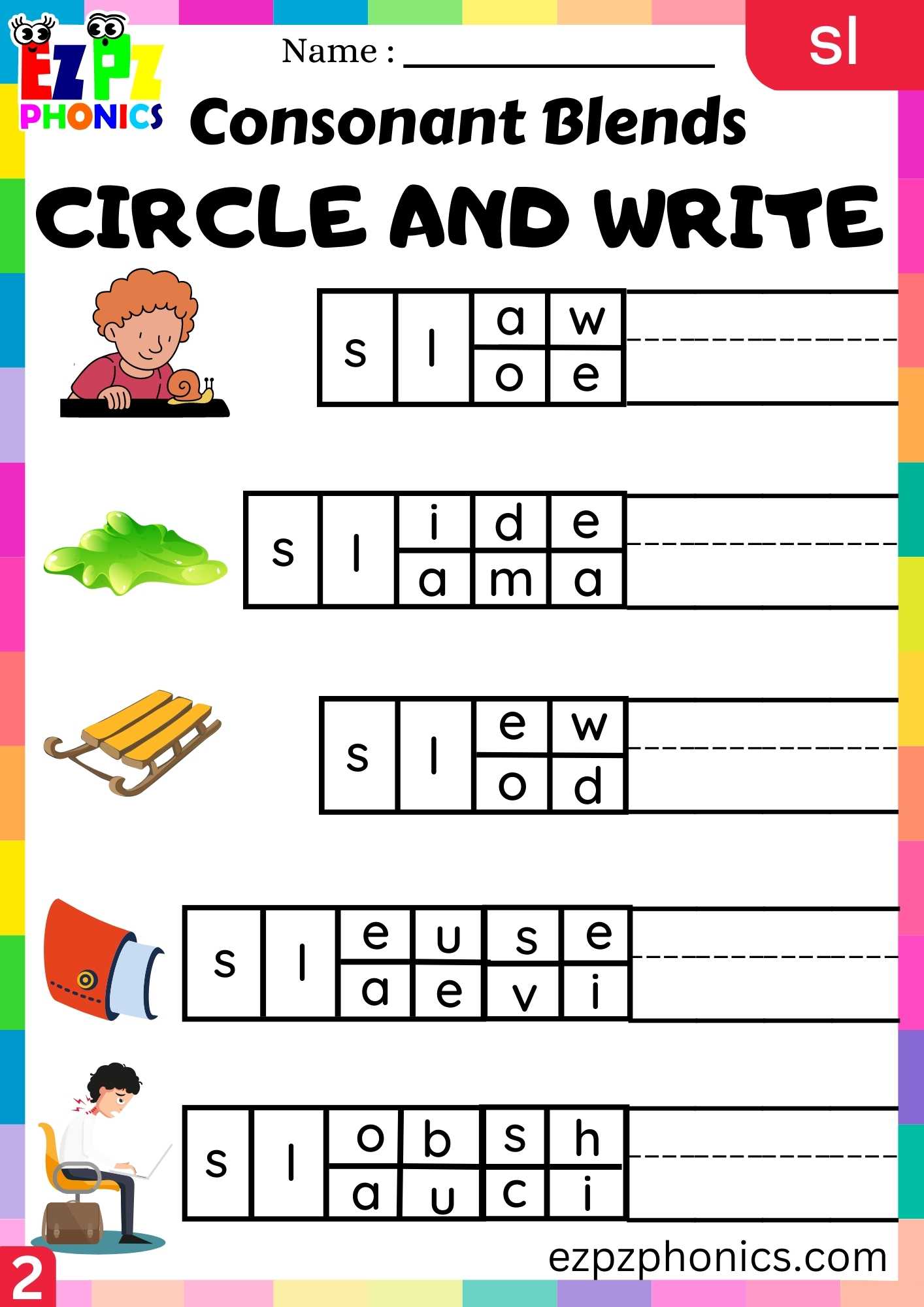 Group2 SL Words Circle And Write Phonics Consonant Blends Worksheet ...