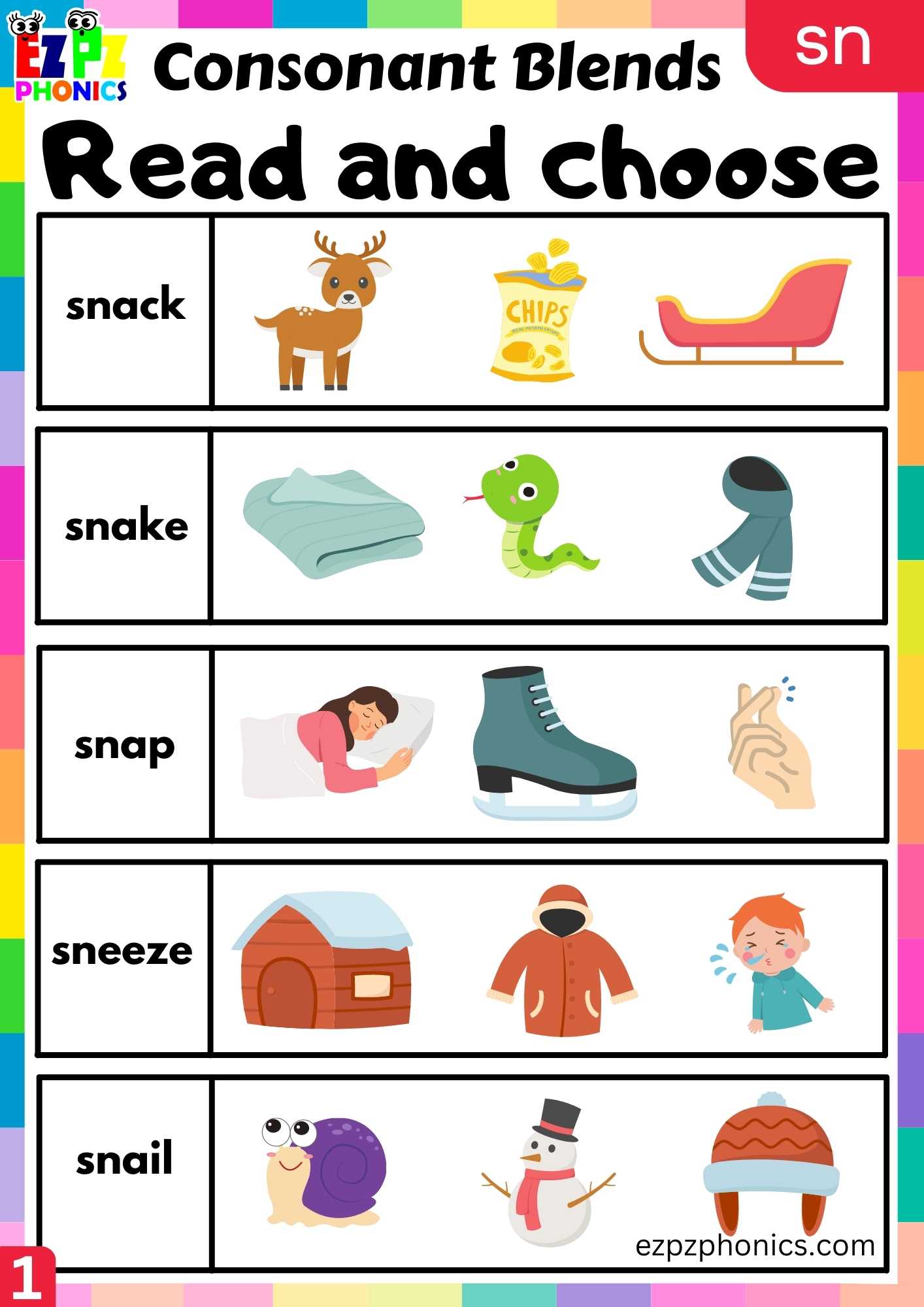 Group1 SN Words Read And Choose Phonics Consonant Blends Worksheet ...