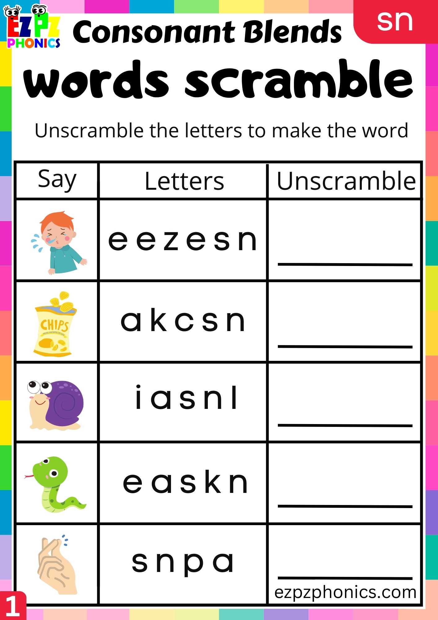 Group1 SN Words Words Scramble Phonics Consonant Blends Worksheet ...