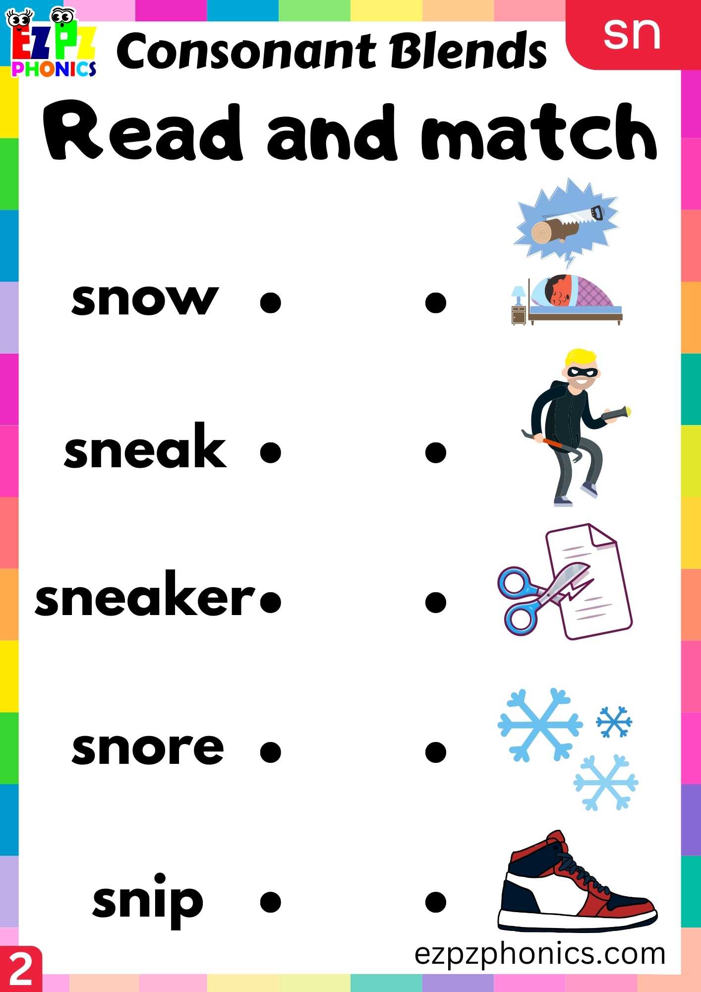 Group2 SN Words Read And Match Phonics Consonant Blends Worksheet ...