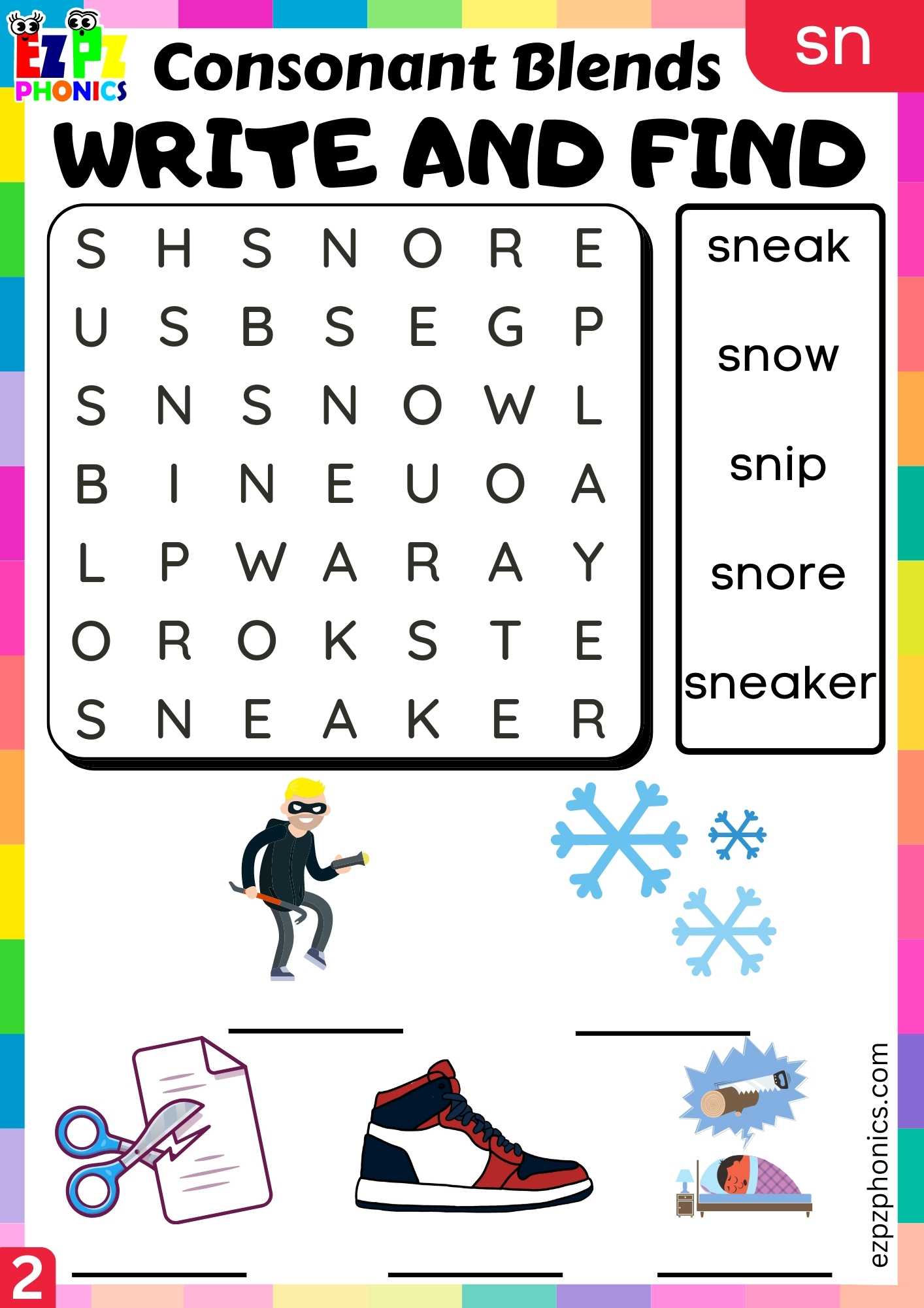 Group2 SN Words Write And Find Phonics Consonant Blends Worksheet ...