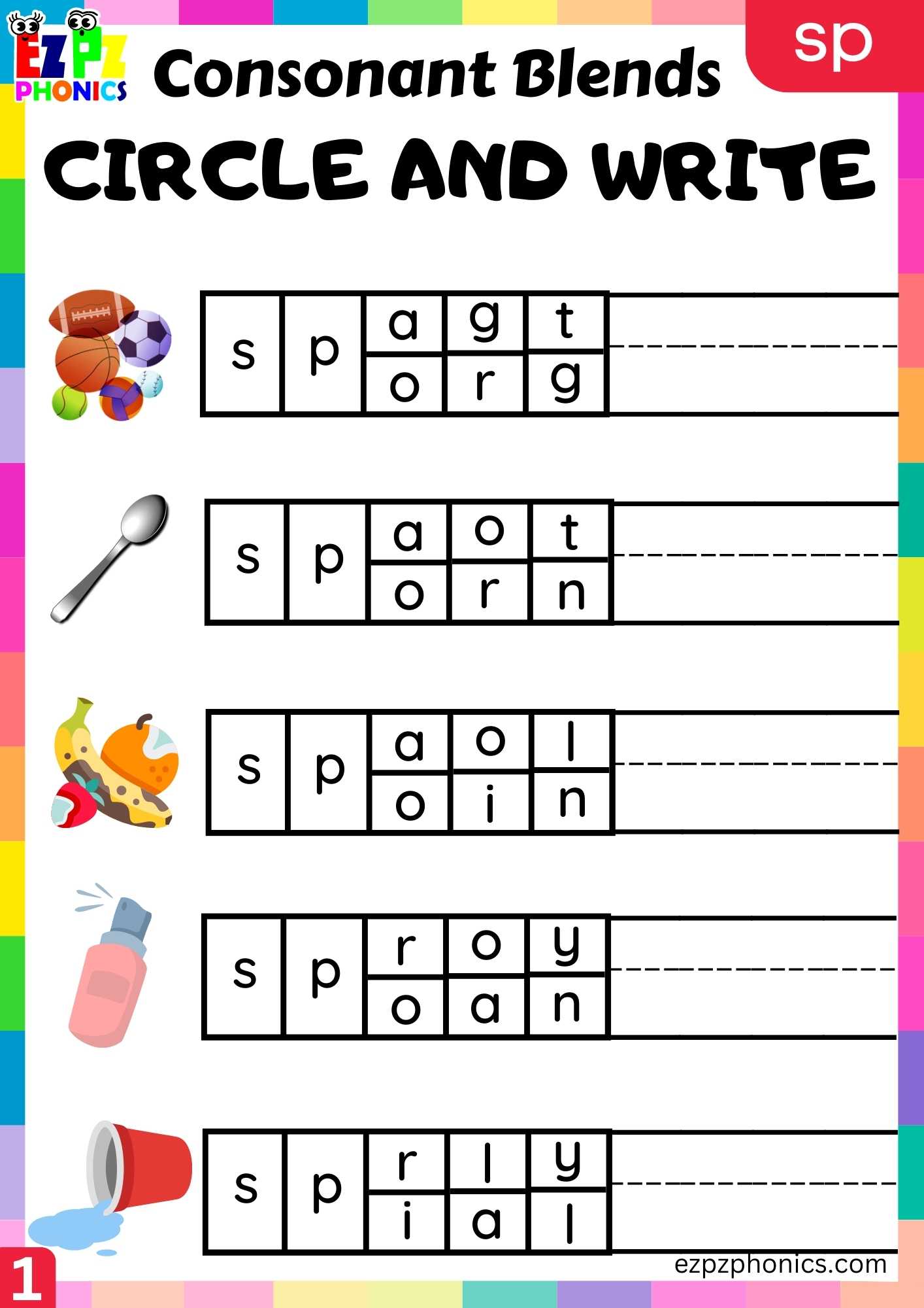 Group1 SP Words Circle And Write Phonics Consonant Blends Worksheet ...