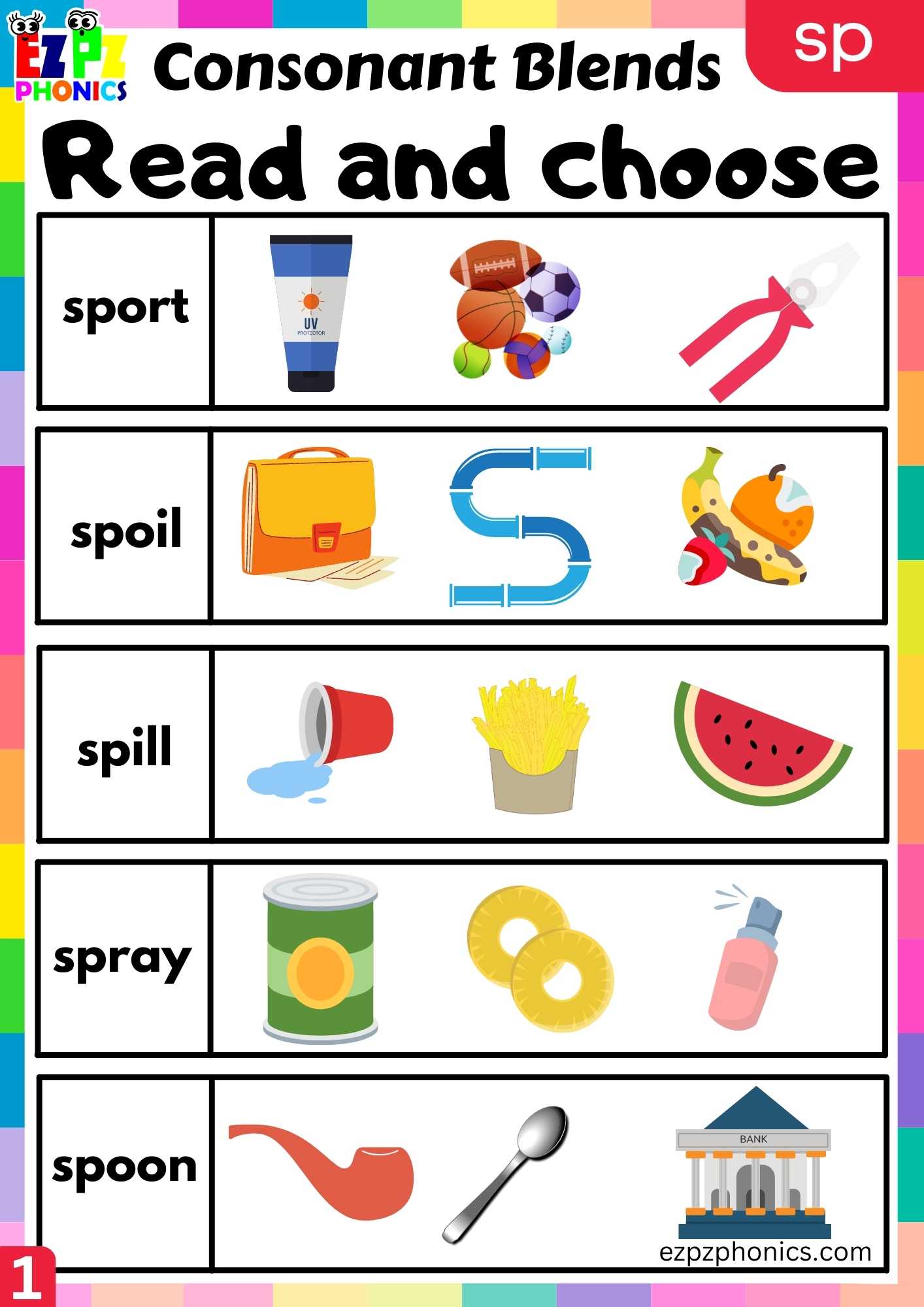 Group1 SP Words Read And Choose Phonics Consonant Blends Worksheet ...