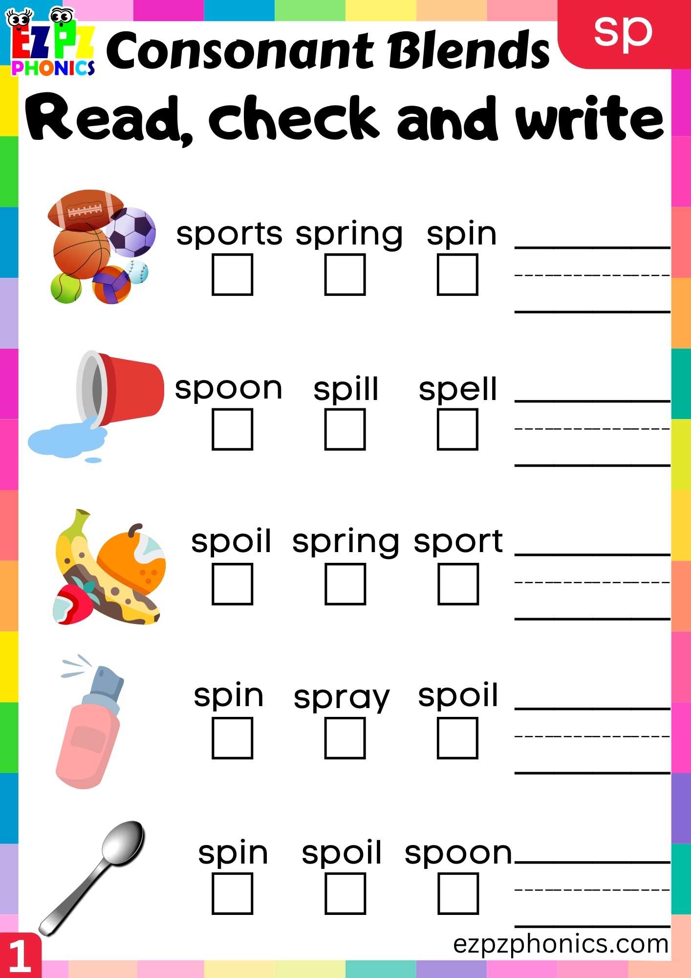 Group1 SP Words Read, Check And Write Phonics Consonant Blends ...