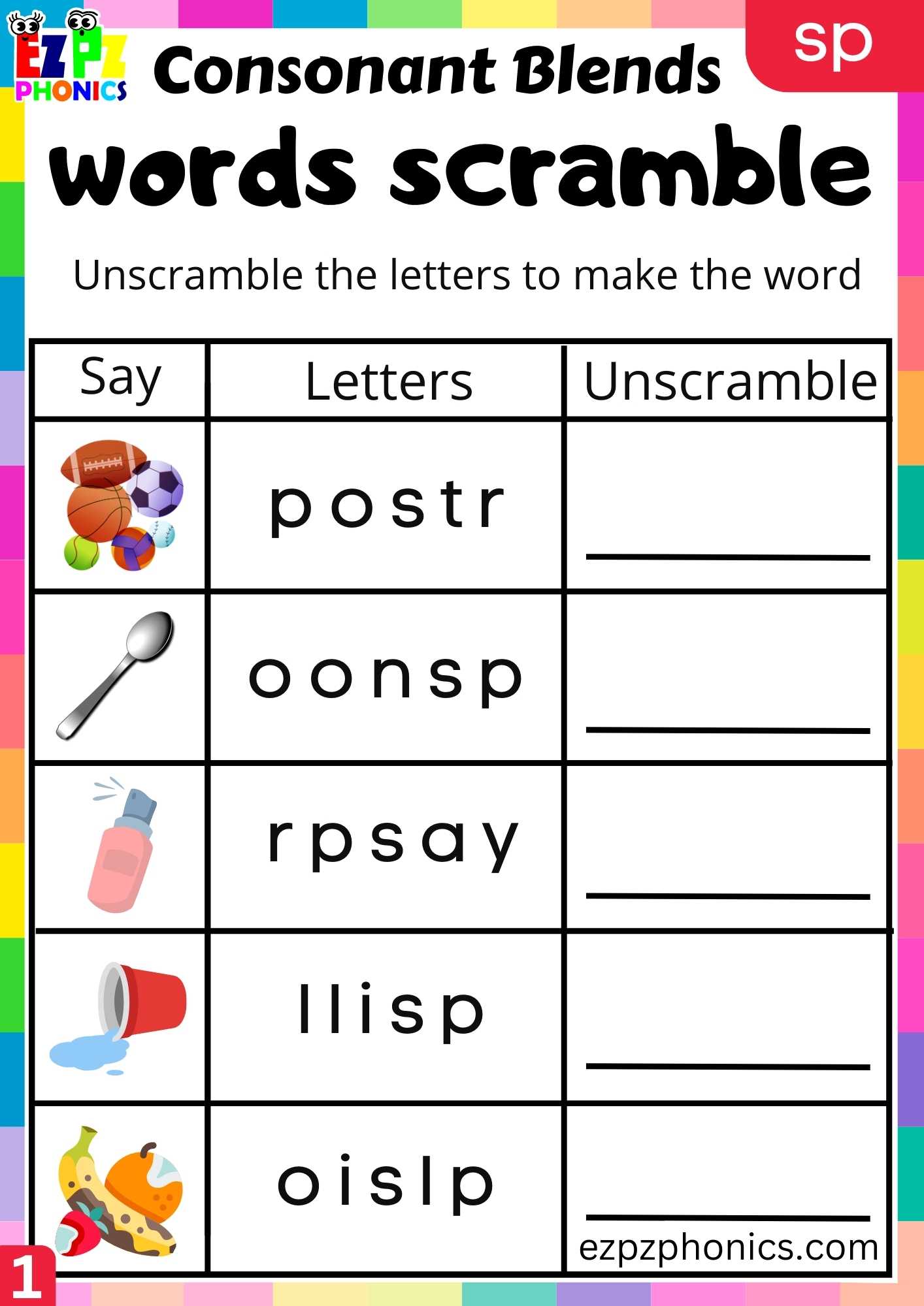 Group1 SP Words Words Scramble Phonics Consonant Blends Worksheet ...