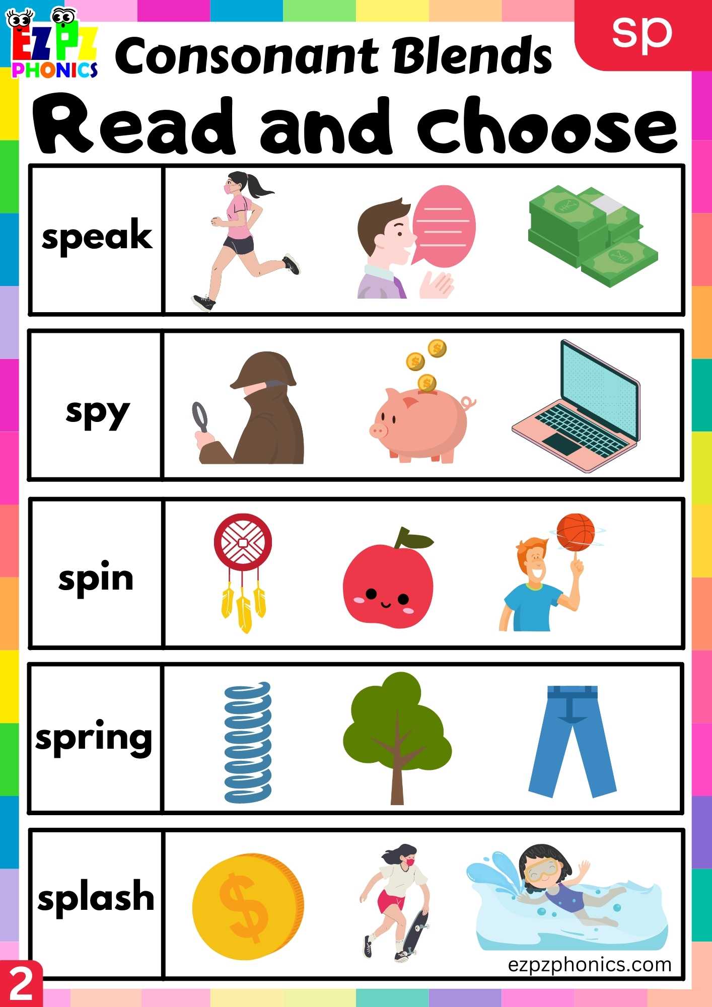 Group2 SP Words Read And Choose Phonics Consonant Blends Worksheet ...